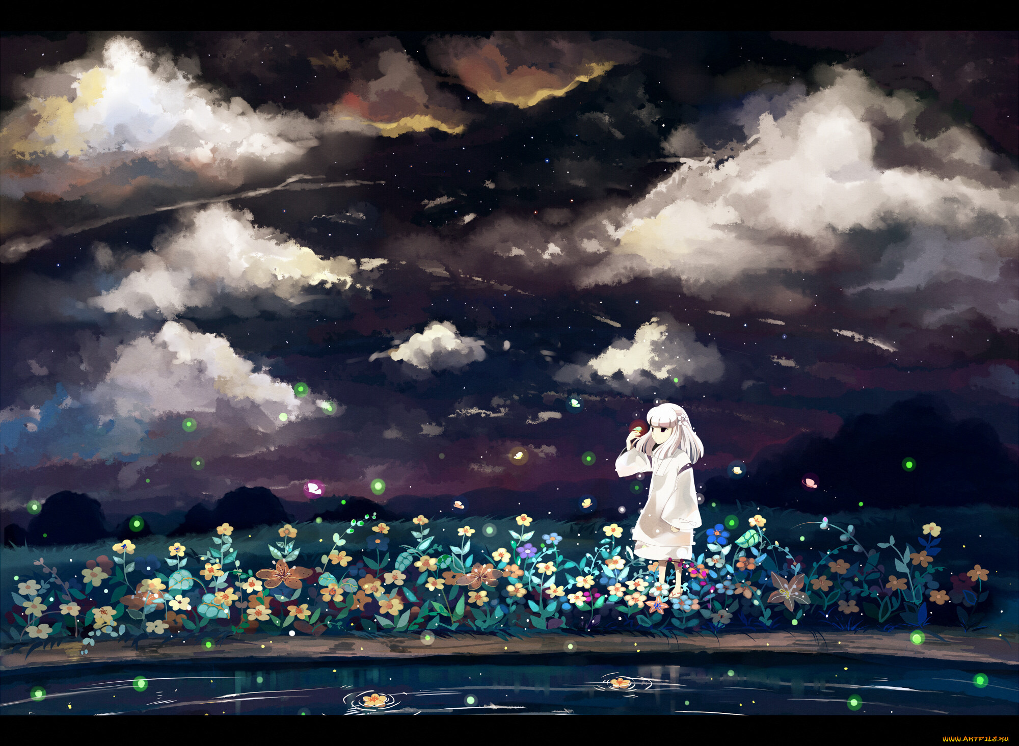 аниме, inuyasha, девочка, облака, небо, водоём, kanna, цветы, ночь, saik, светлячки, арт
