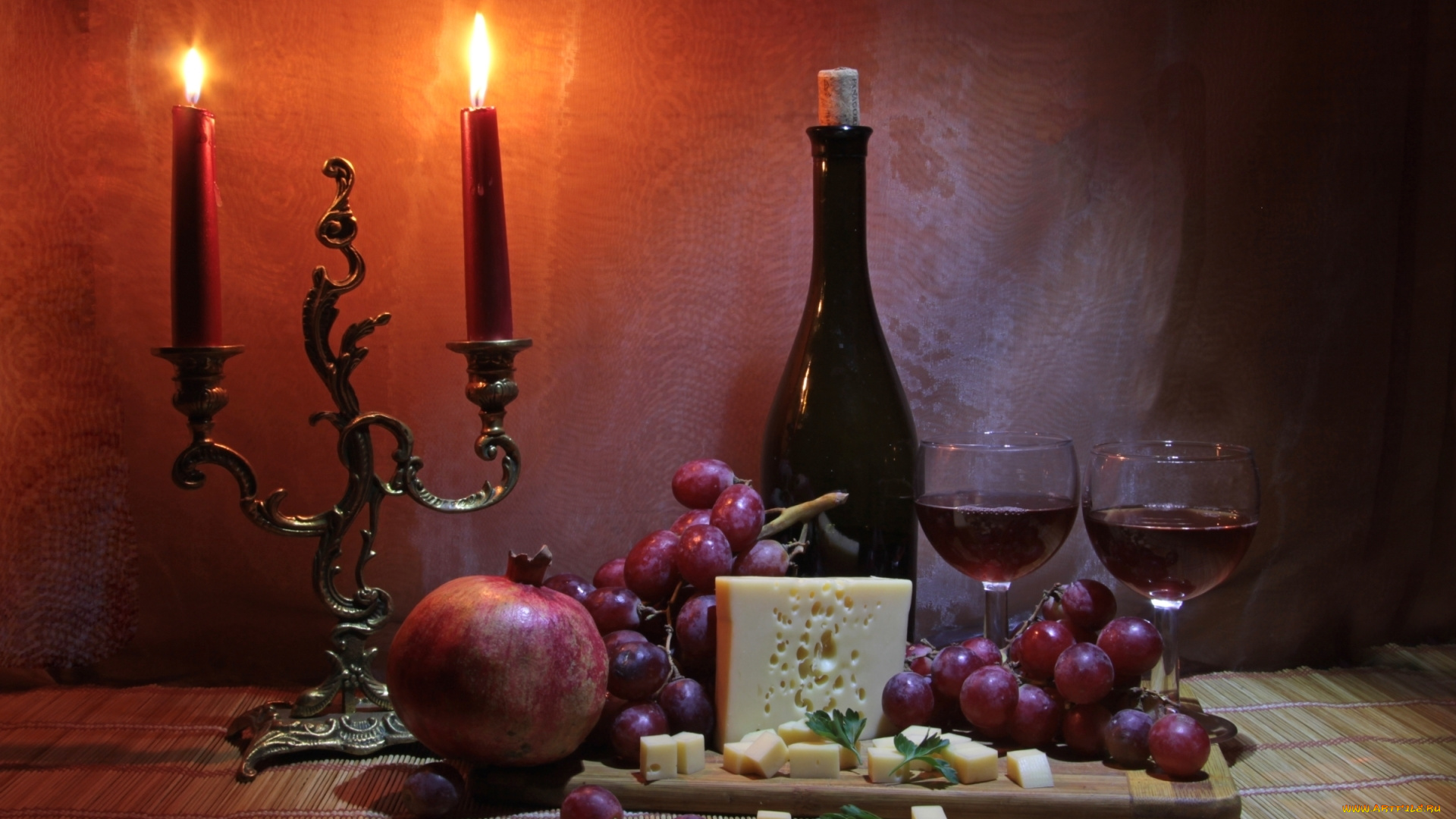 еда, натюрморт, бутылка, виноград, гранат, сыр, свечи, бокалы, вино