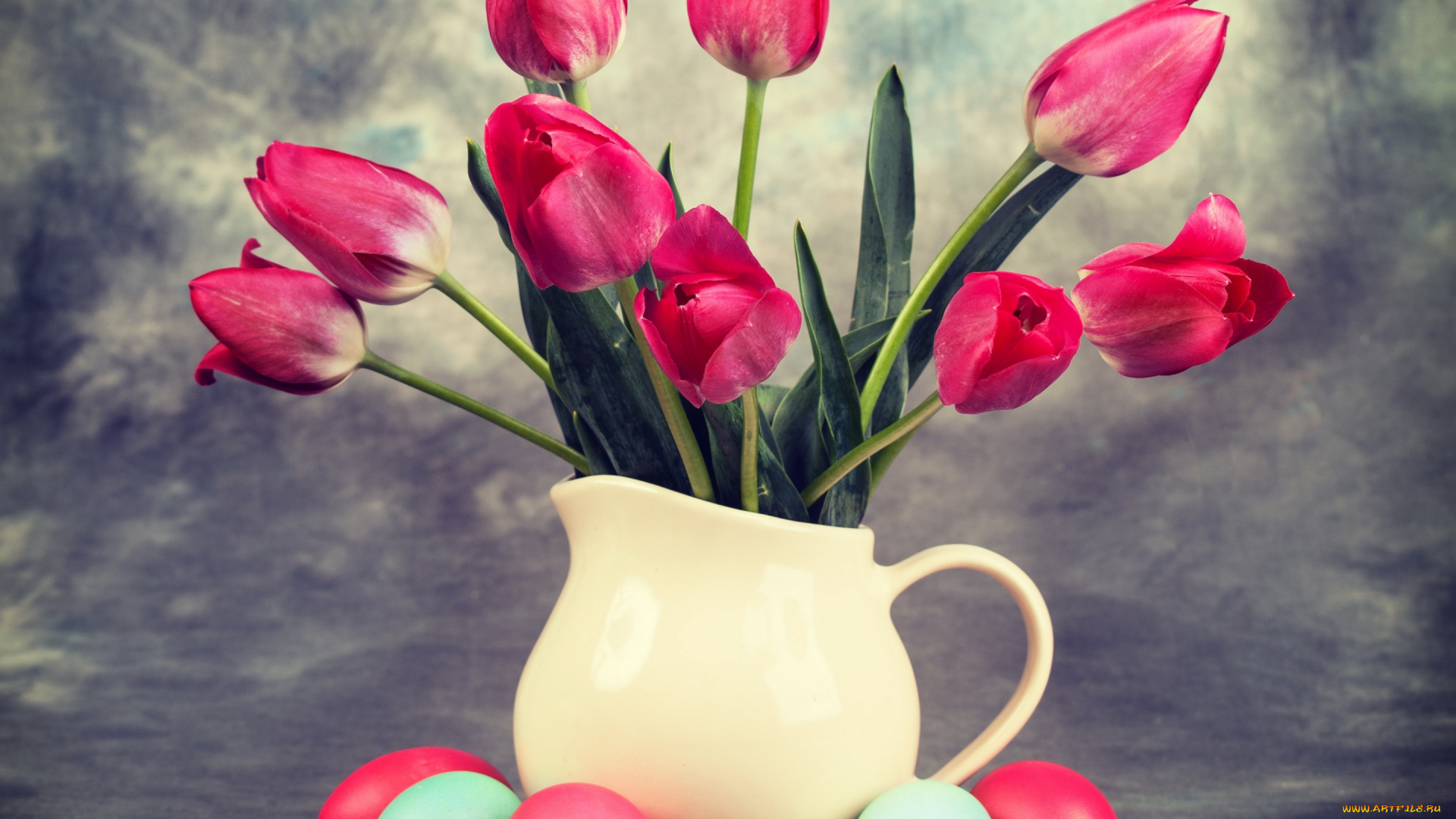 праздничные, пасха, easter, tulips, eggs, bouquet, vase, тюльпаны, яйца