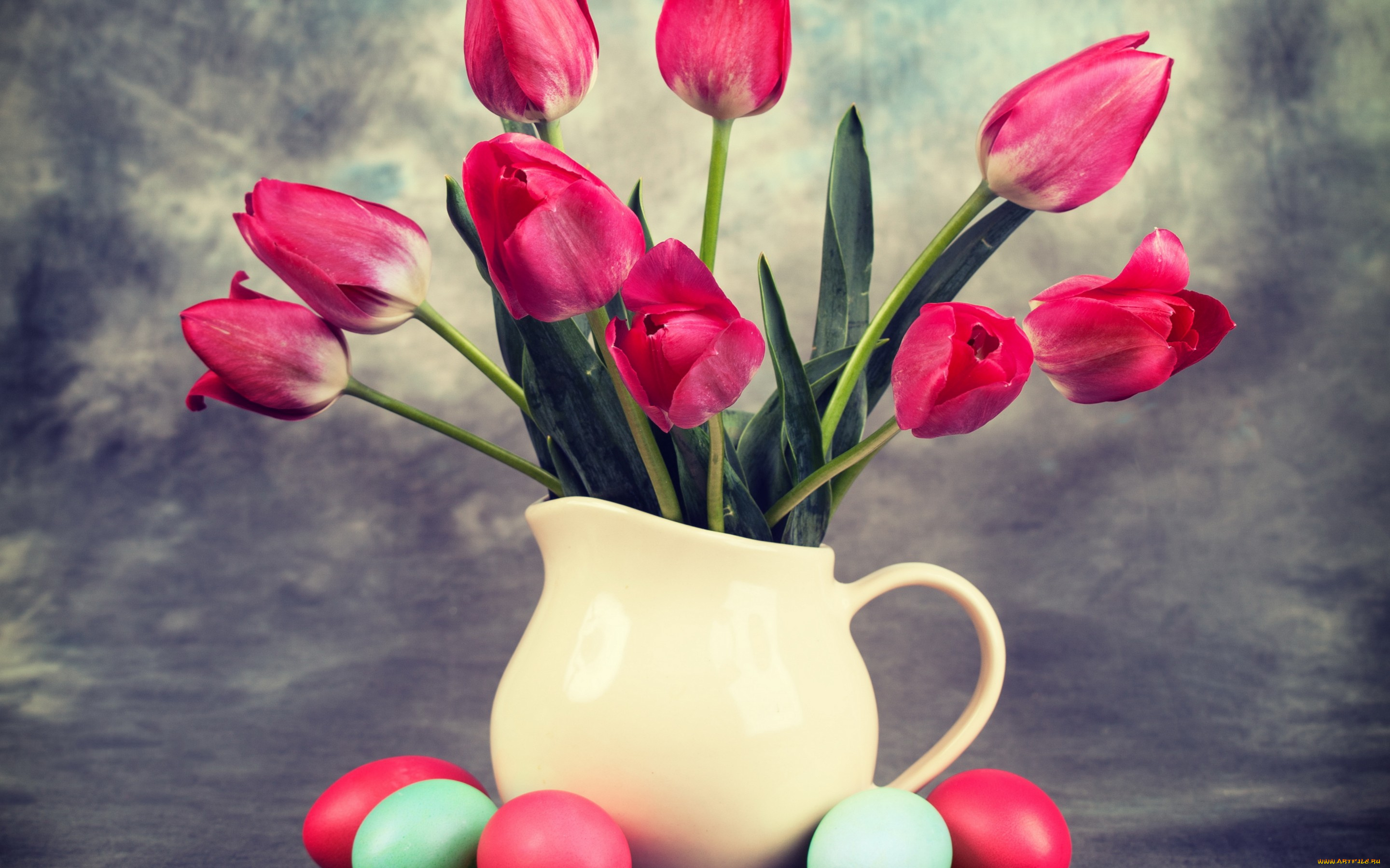 праздничные, пасха, easter, tulips, eggs, bouquet, vase, тюльпаны, яйца