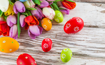 Картинка праздничные пасха easter tulips eggs colorful spring яйца тюльпаны цветы