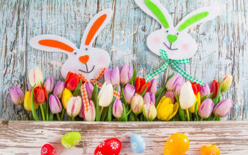 Картинка праздничные пасха easter tulips eggs colorful spring яйца тюльпаны цветы