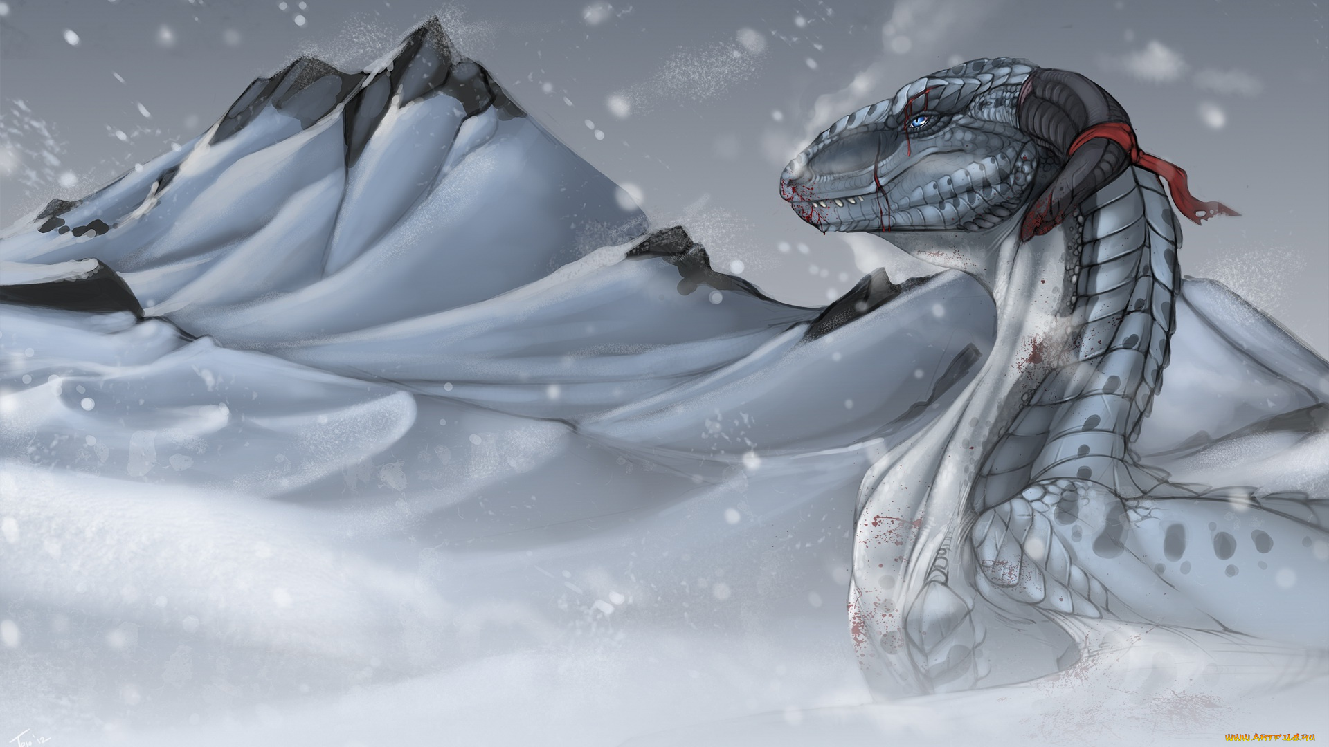фэнтези, драконы, холод, горы, в, снегу, раненый, кровь, зима, белый, дракон