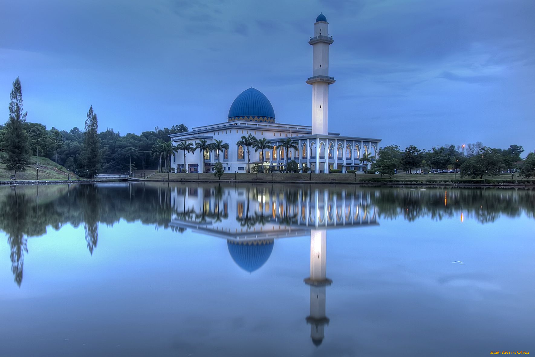 малайзия, города, мечети, медресе, вечер, вода, минарет, сумерки, мечеть, отражение