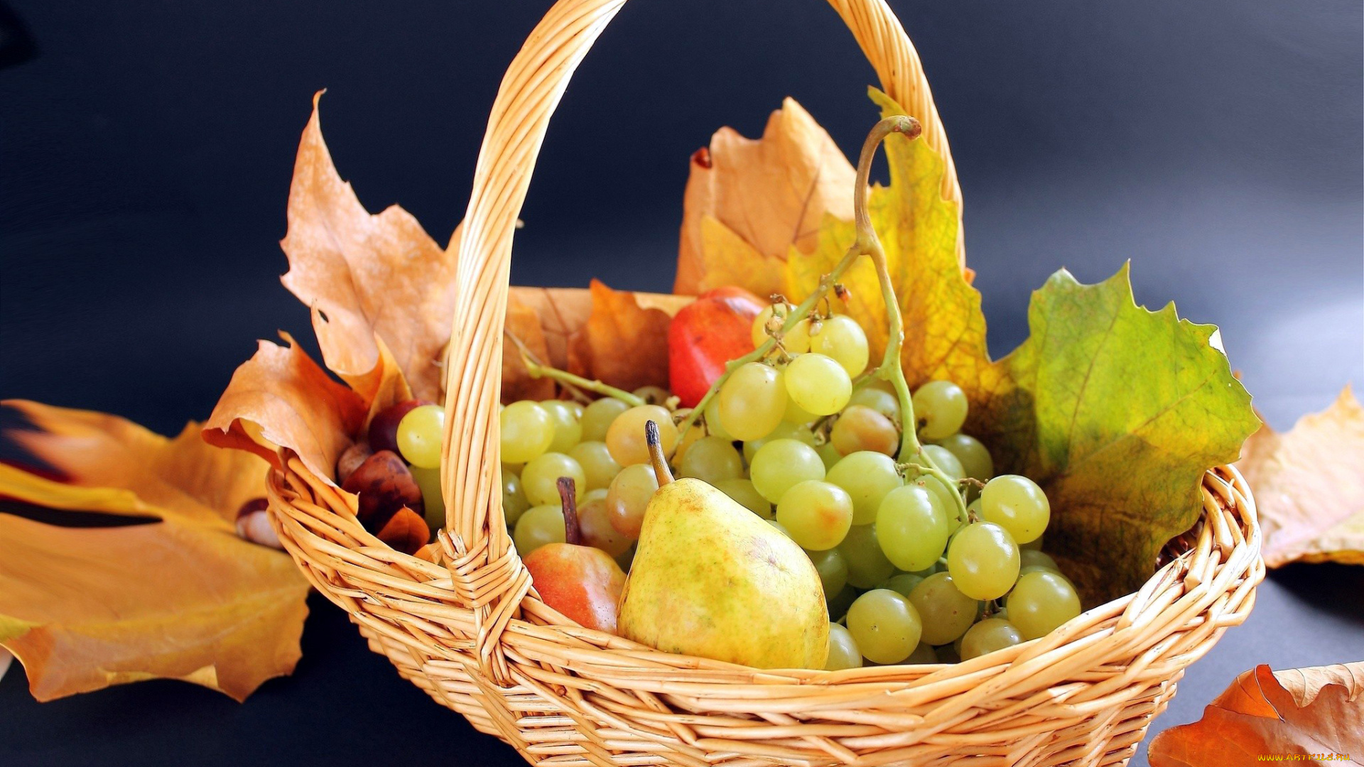 еда, фрукты, ягоды, виноград, груши, листья, корзинка