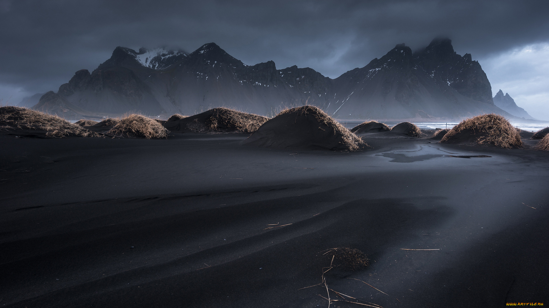 природа, горы, трава, чёрный, песок, stockksness, облака, небо, vestrahorn, исландия