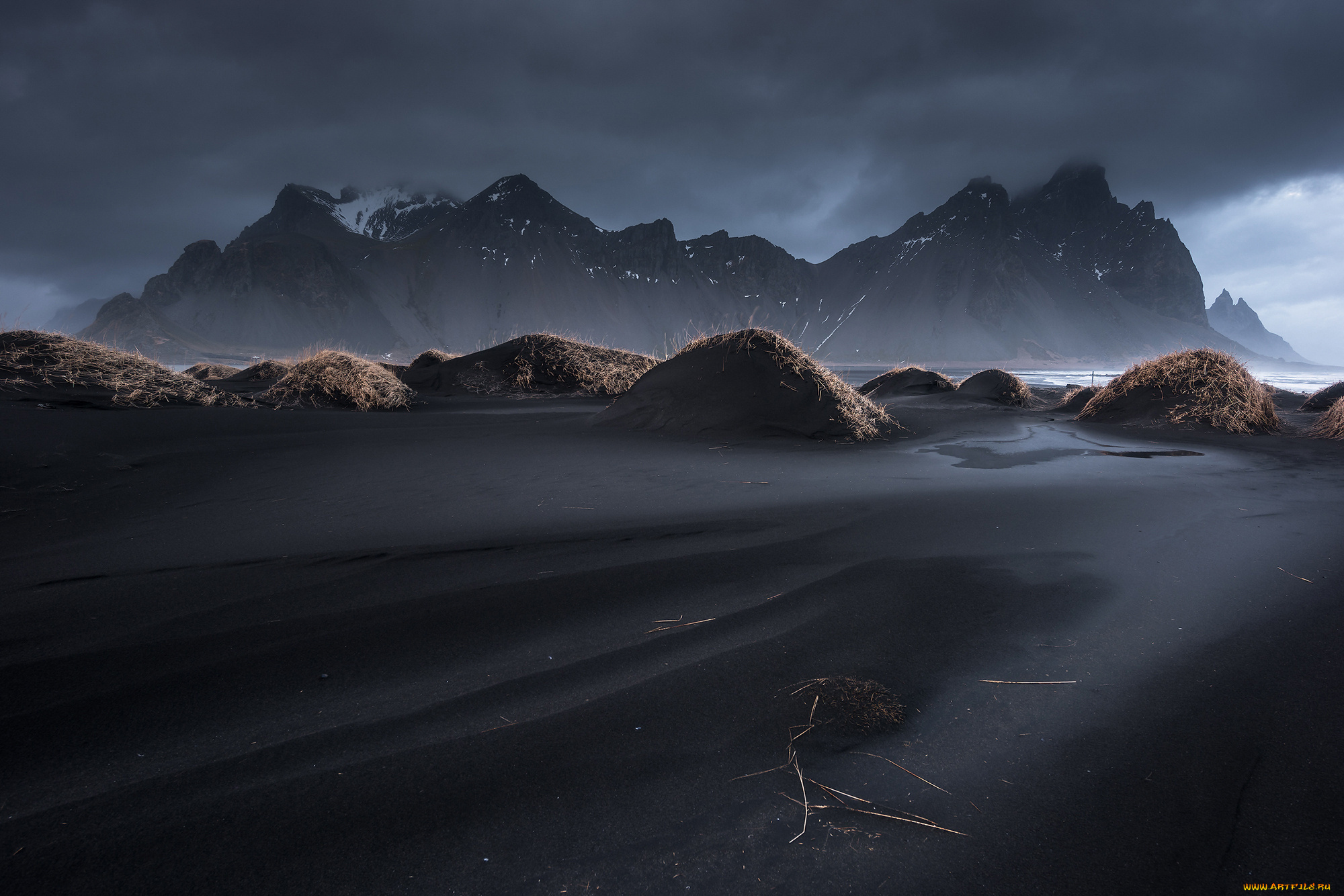 природа, горы, трава, чёрный, песок, stockksness, облака, небо, vestrahorn, исландия