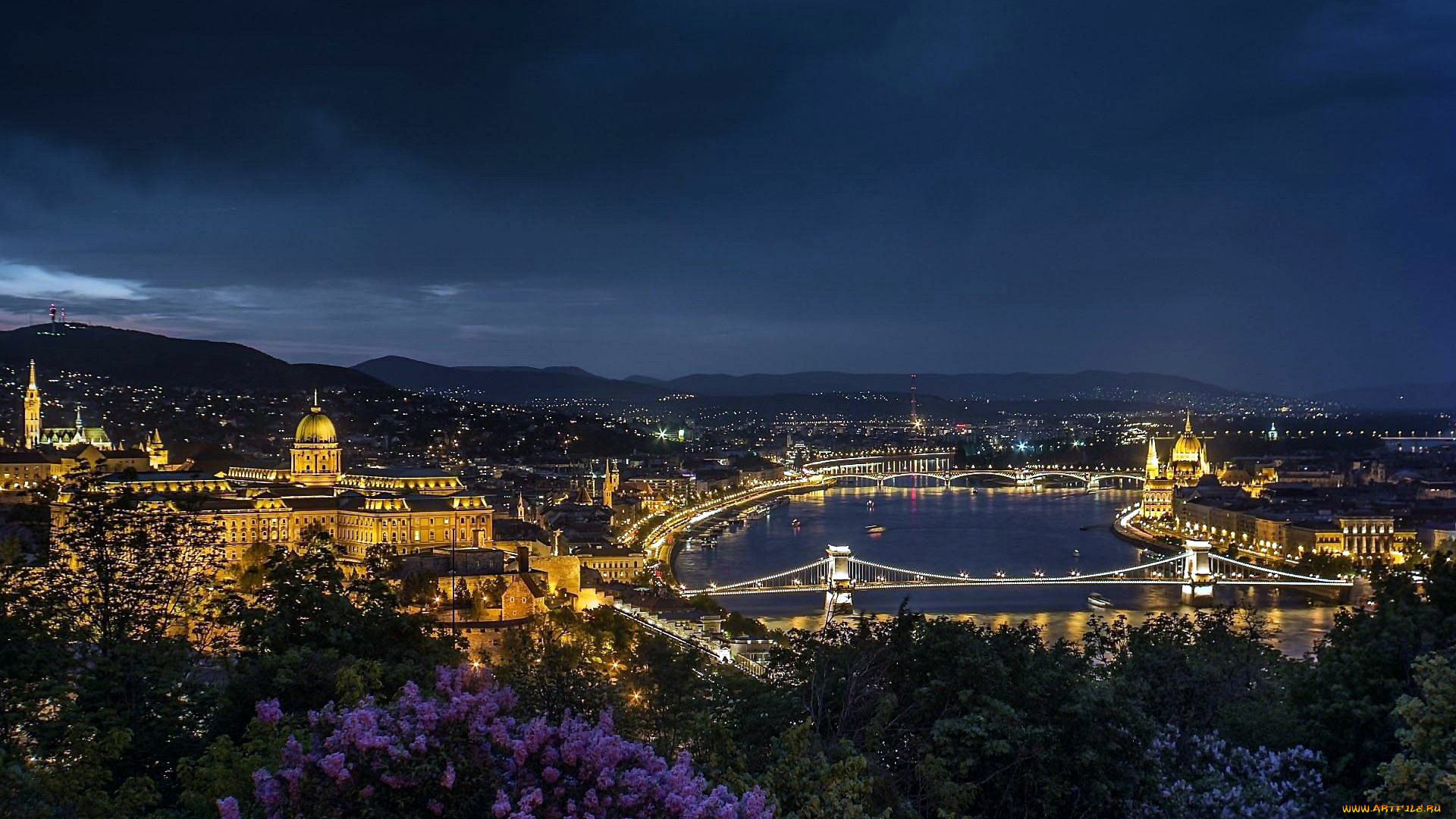 города, будапешт, , венгрия, река, ночь, огни, мост, панорама