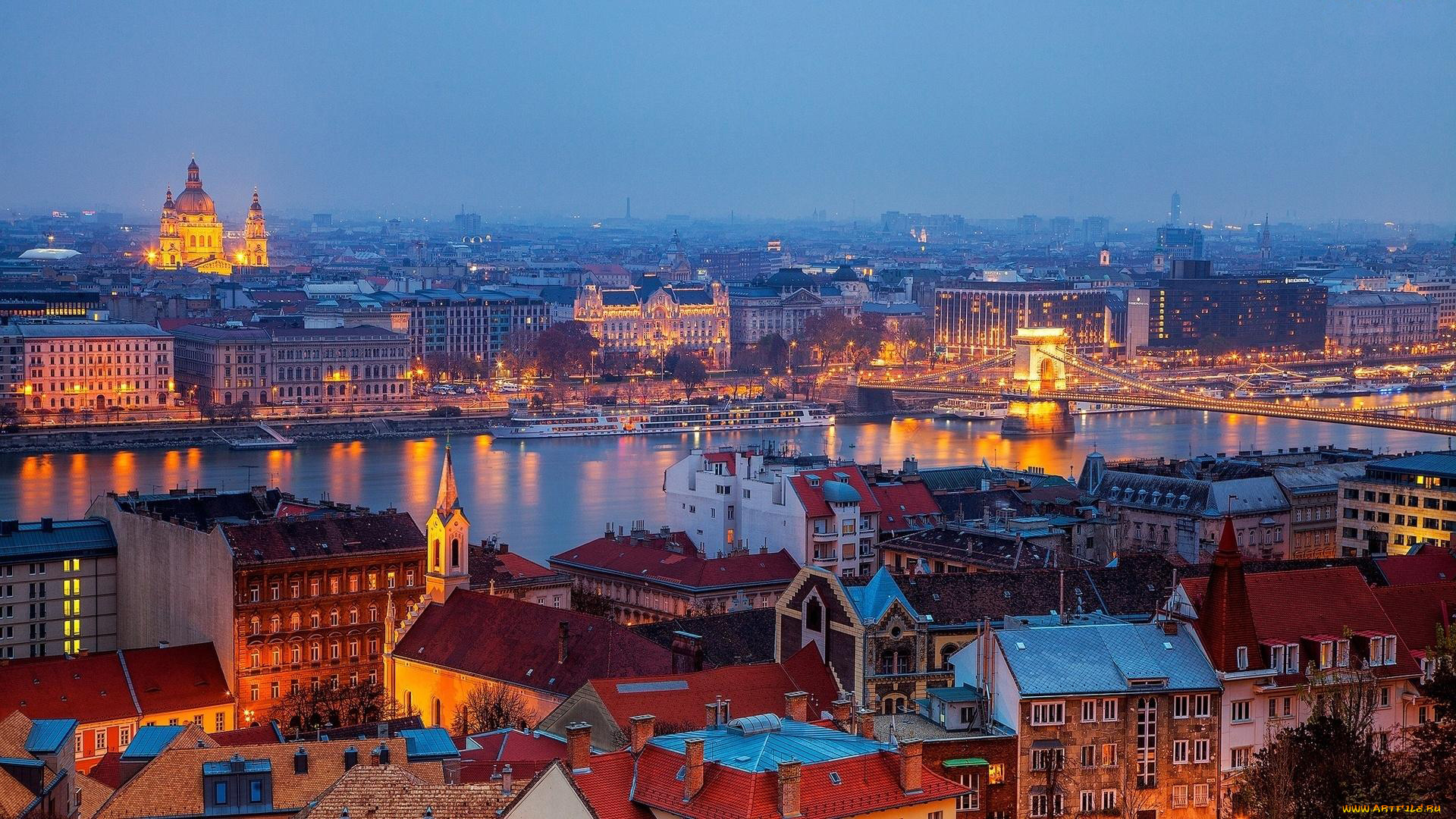 города, будапешт, , венгрия, река, панорама, вечер, мост