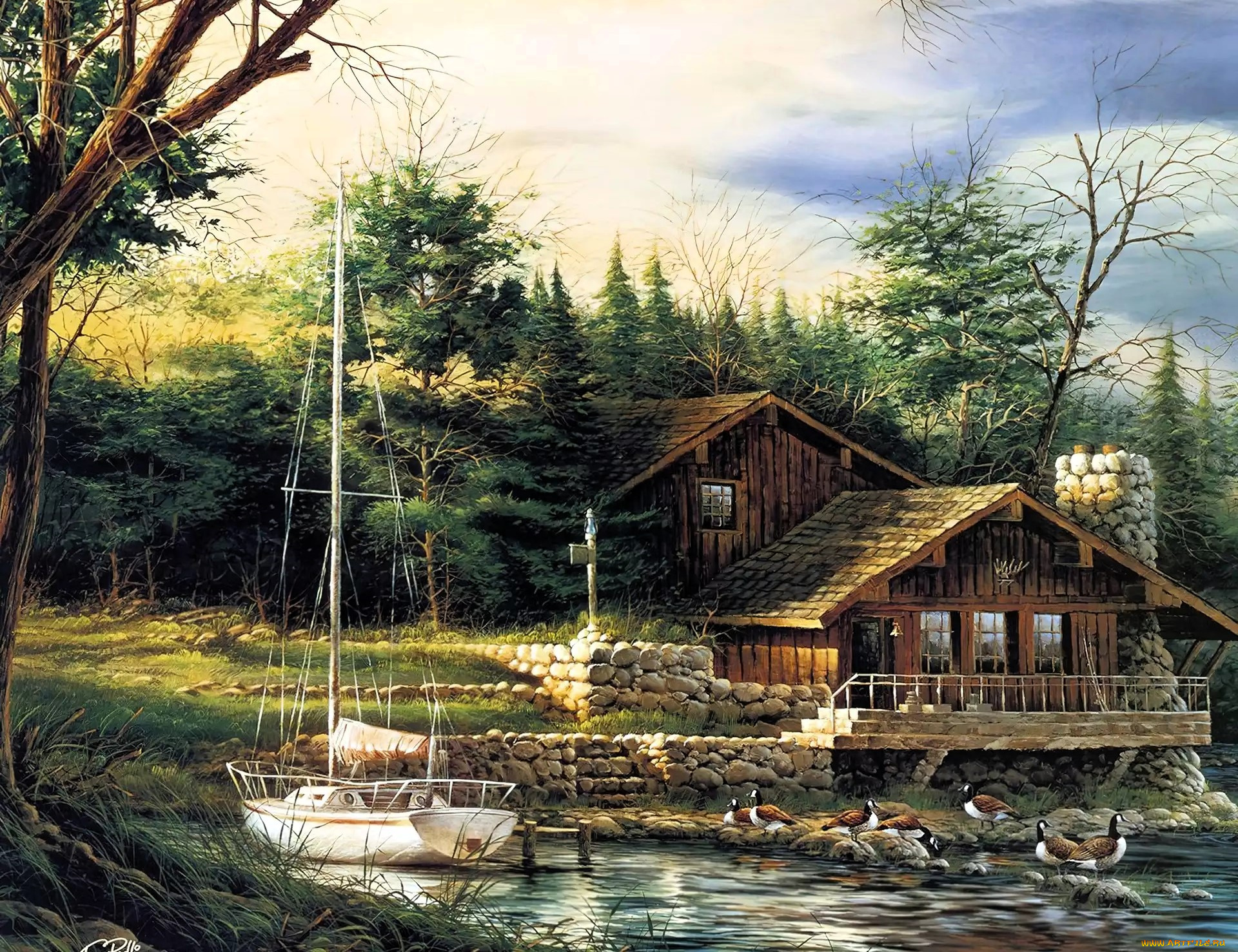рисованное, terry, redlin, дом, яхта, озеро, птицы, лес