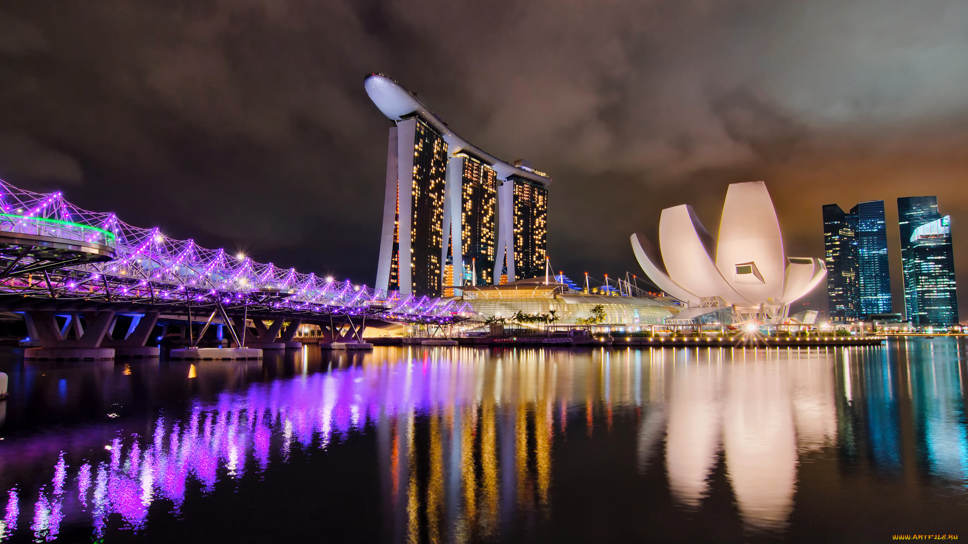 singapore, города, сингапур, блики, ночной, город, мост, marina, bay, sands