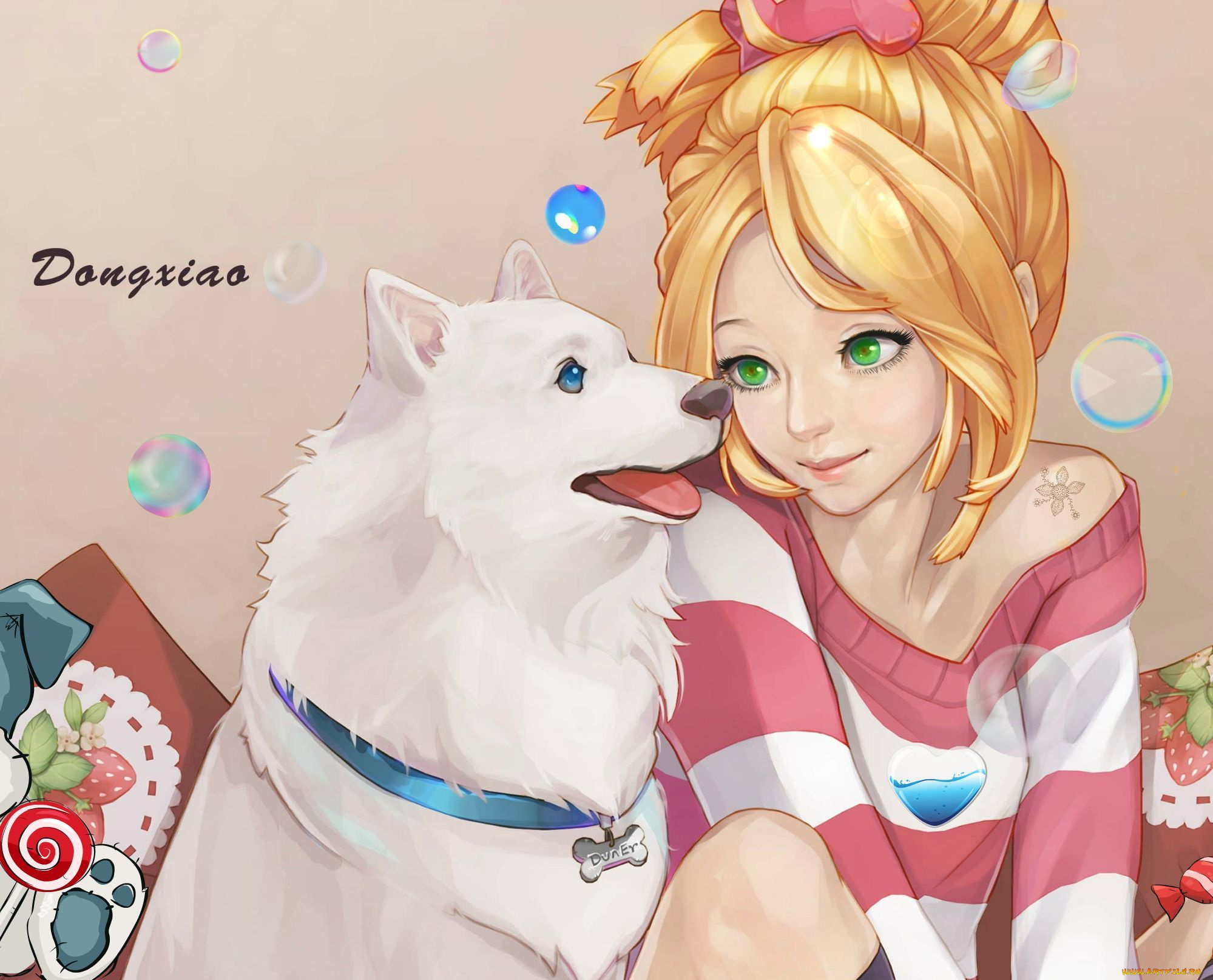 аниме, -animals, &, creatures, мыльные, пузыри, собака, девушка