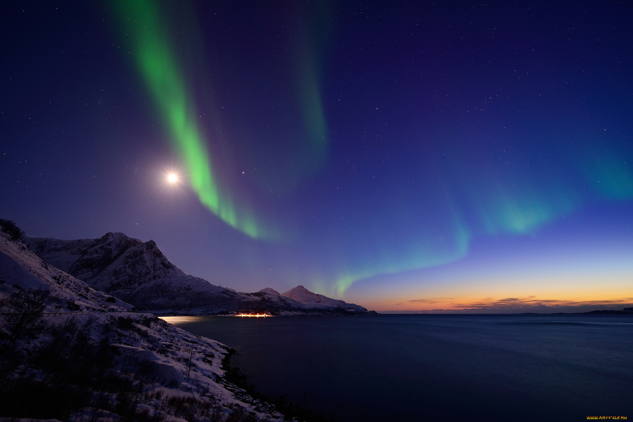 природа, северное, сияние, горы, ночь, норвегия