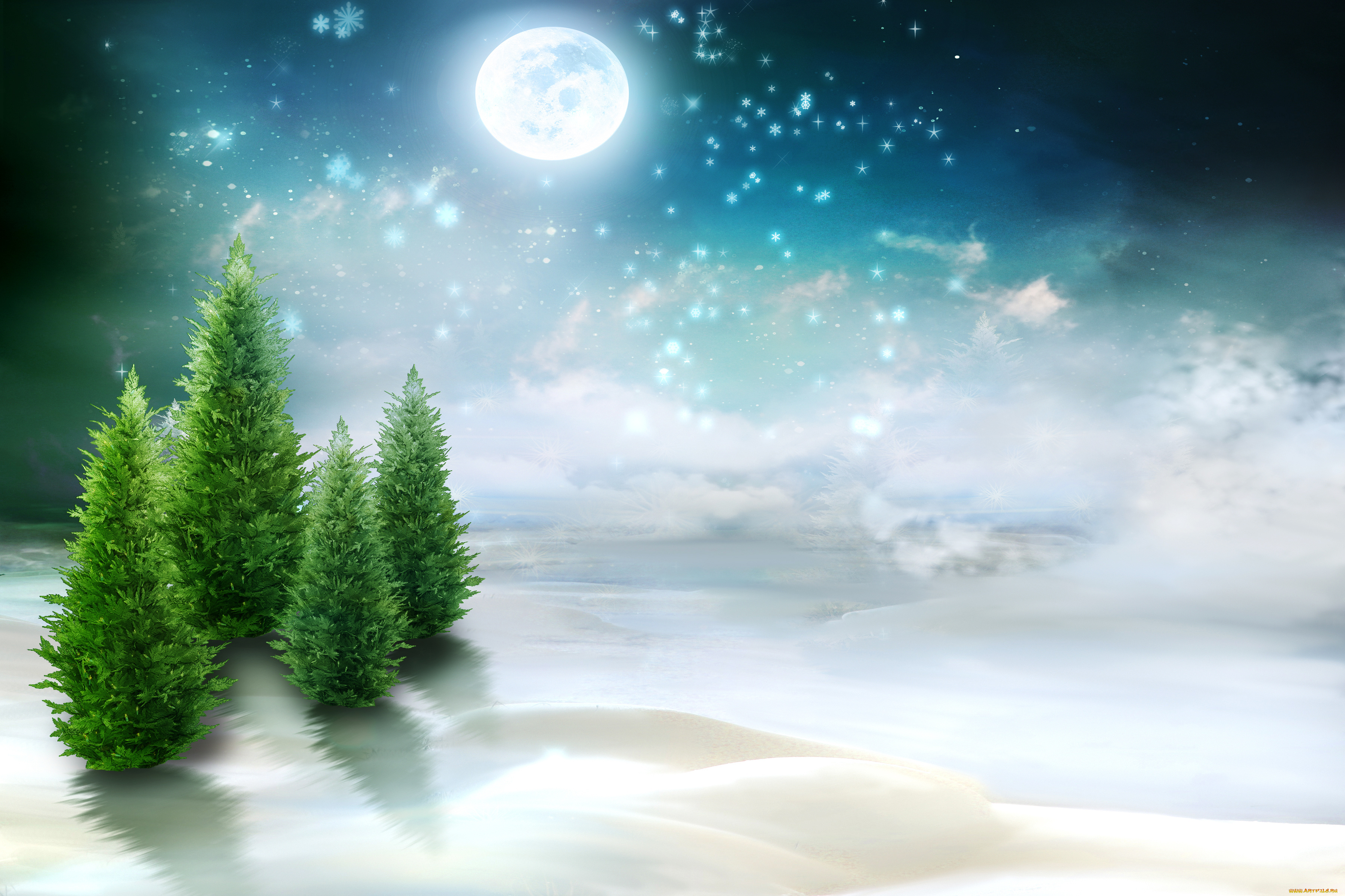 рисованные, природа, луна, снег, деревья