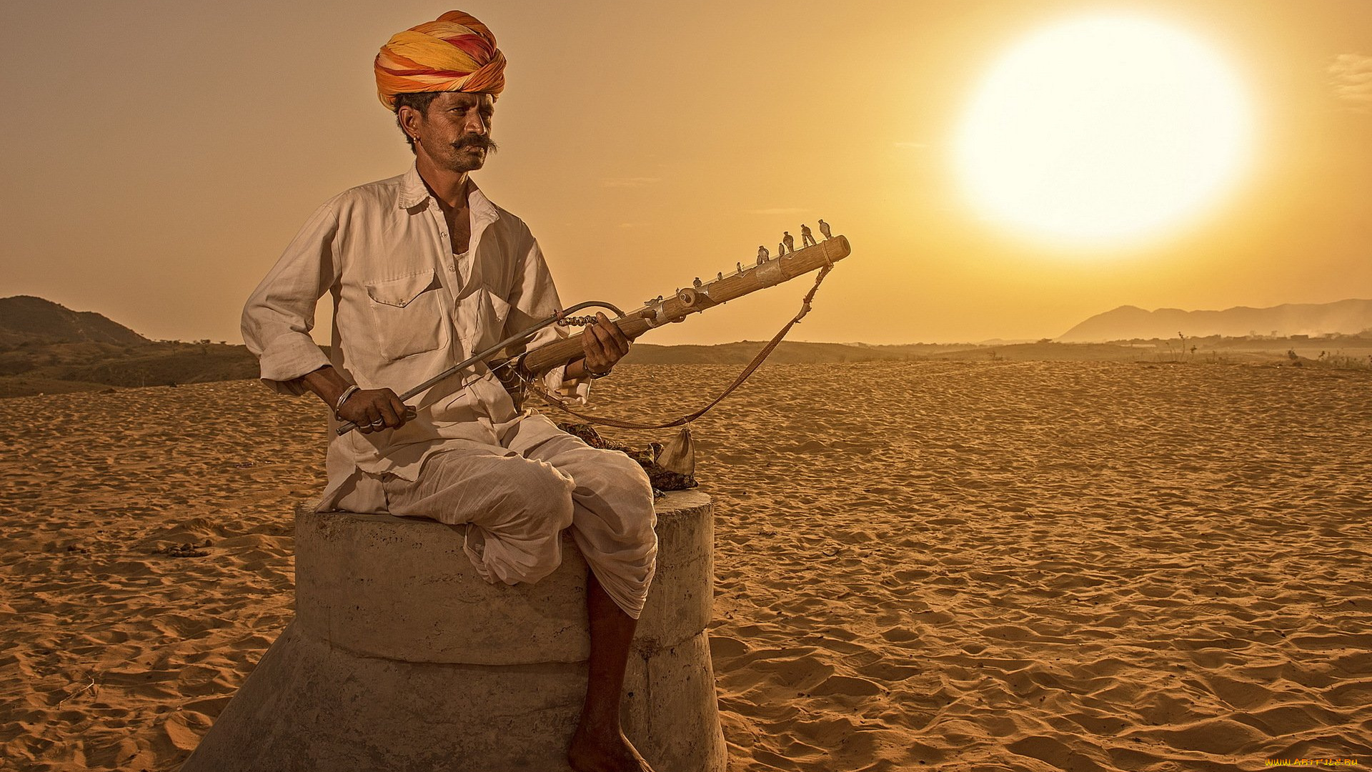музыка, -другое, инструмент, мужчина, тюрбан, песок