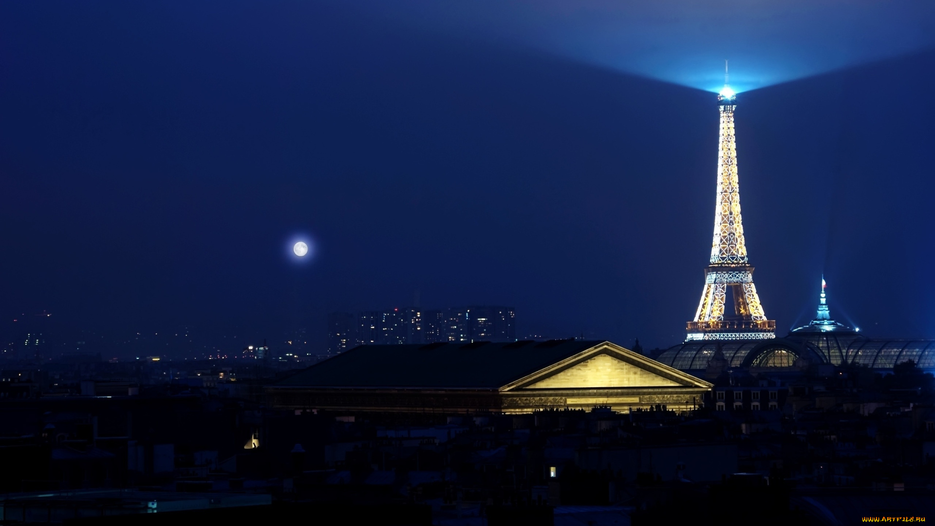 парижская, ночь, города, париж, франция, дома, луна, эйфелева, башня, свет
