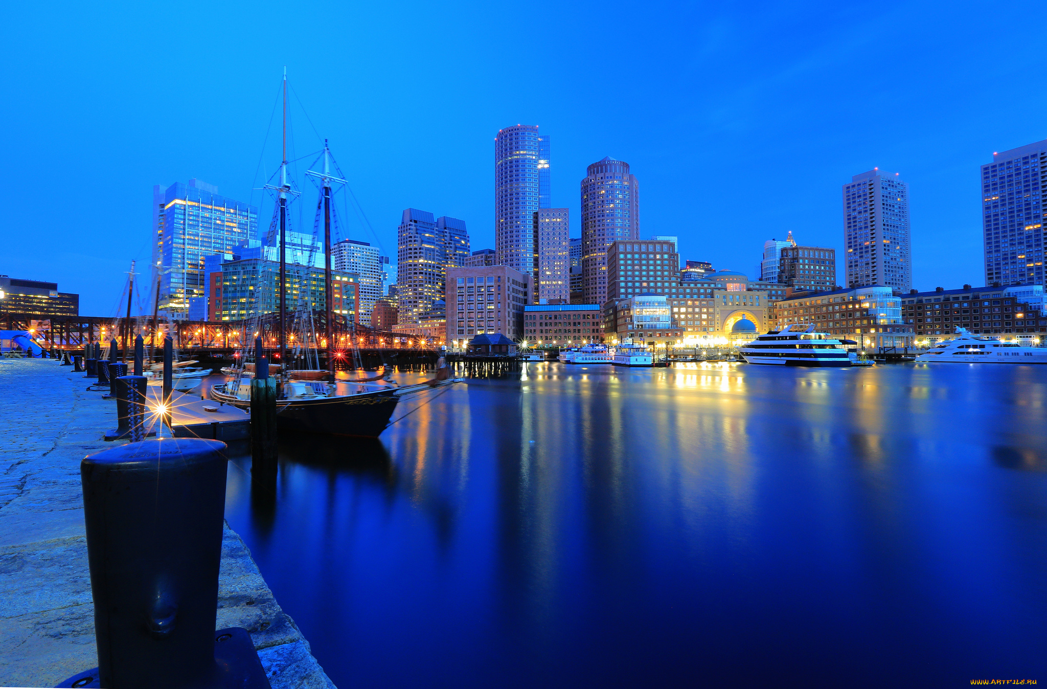 boston, города, огни, ночного, яхты, здания, причал, набережная, ночной, город, бостон, гавань