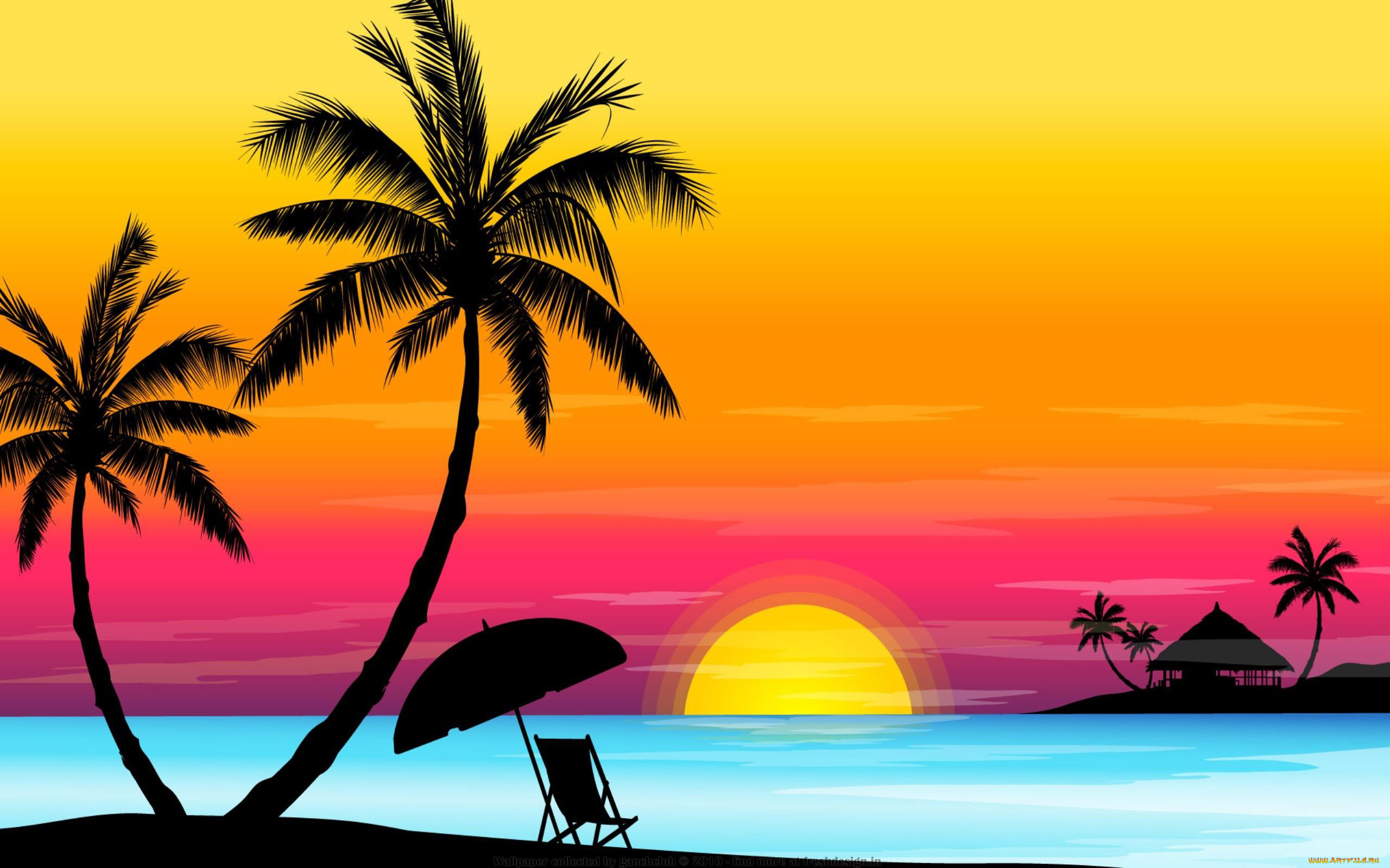векторная, графика, природа, , nature, зонтик, вечер, закат, пляж, шезлонг, море, тропики, солнце, пальмы, бунгало