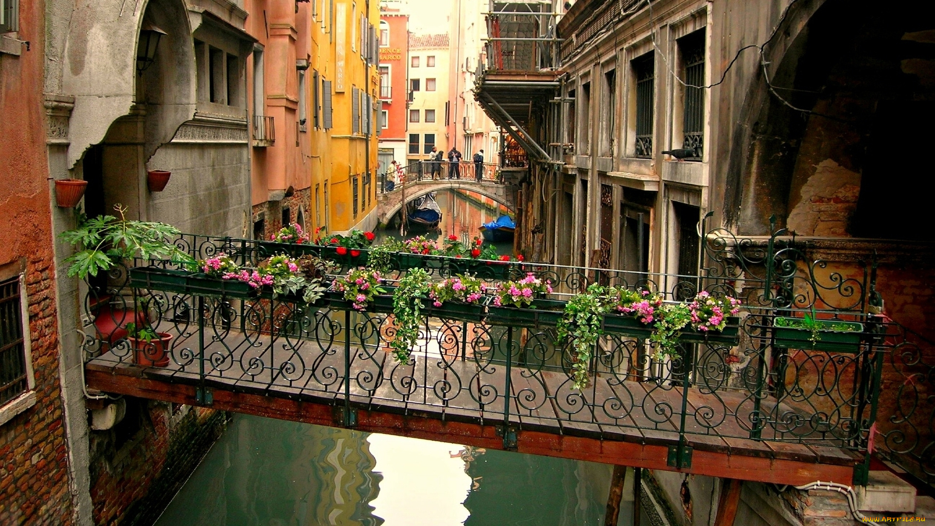 города, венеция, италия, цветы, дома, мостики, вода