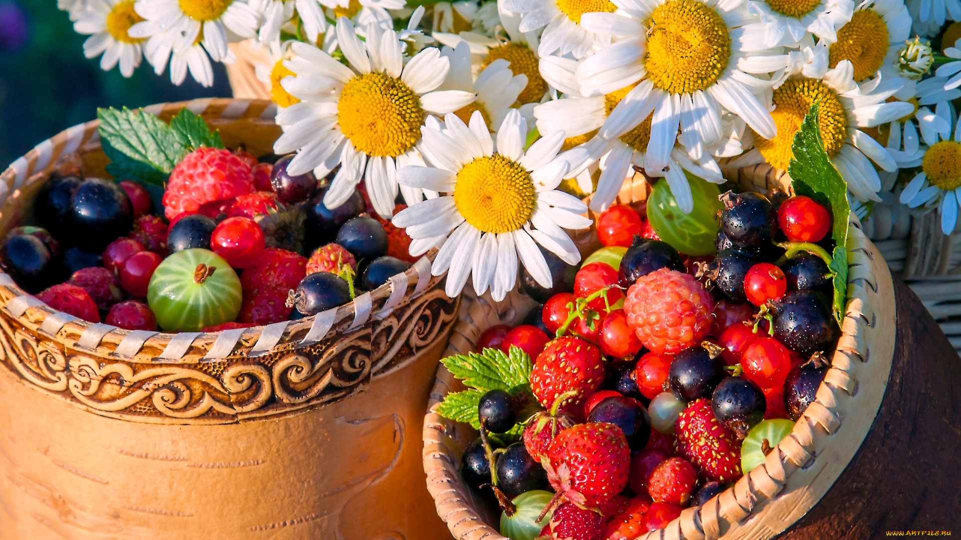 еда, фрукты, , ягоды, ягоды, ромашки, цветы, туески