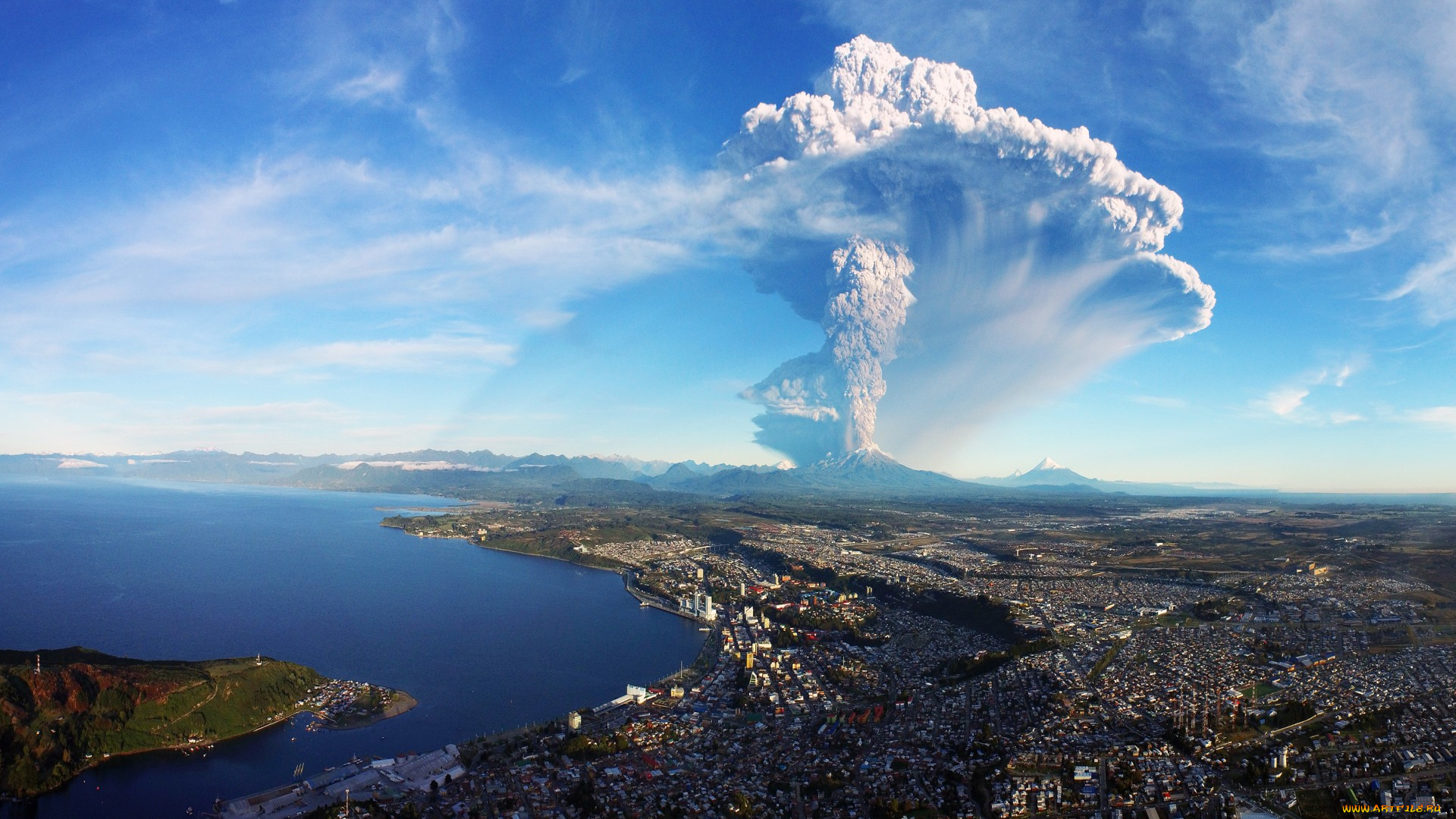 природа, стихия, извержение, вулкан, город, панорама, chile, puerto, montt, calbuco, volcan