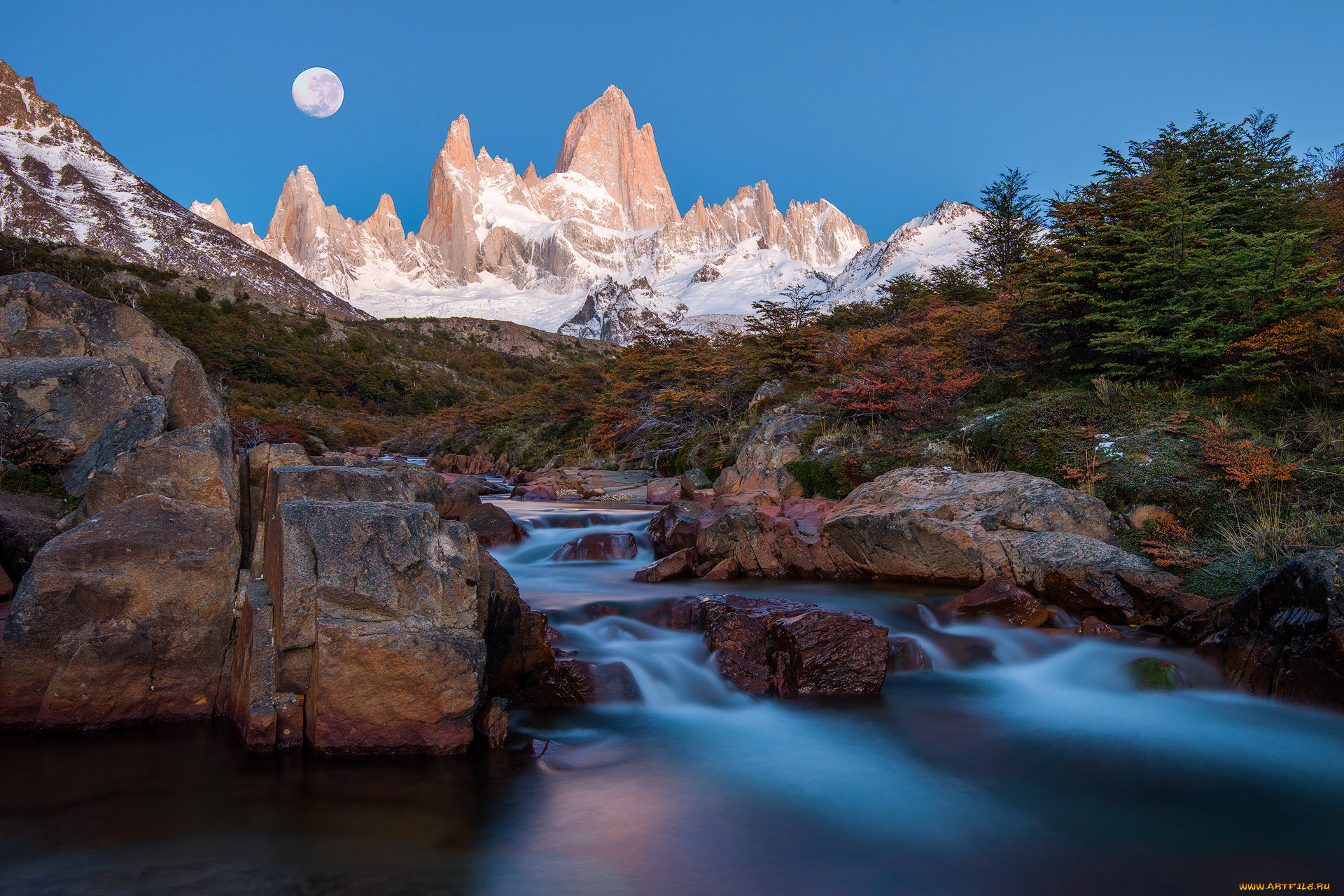 природа, реки, озера, поток, река, луна, ночь, пики, анды, горы, аргентина, южная, америка, патагония