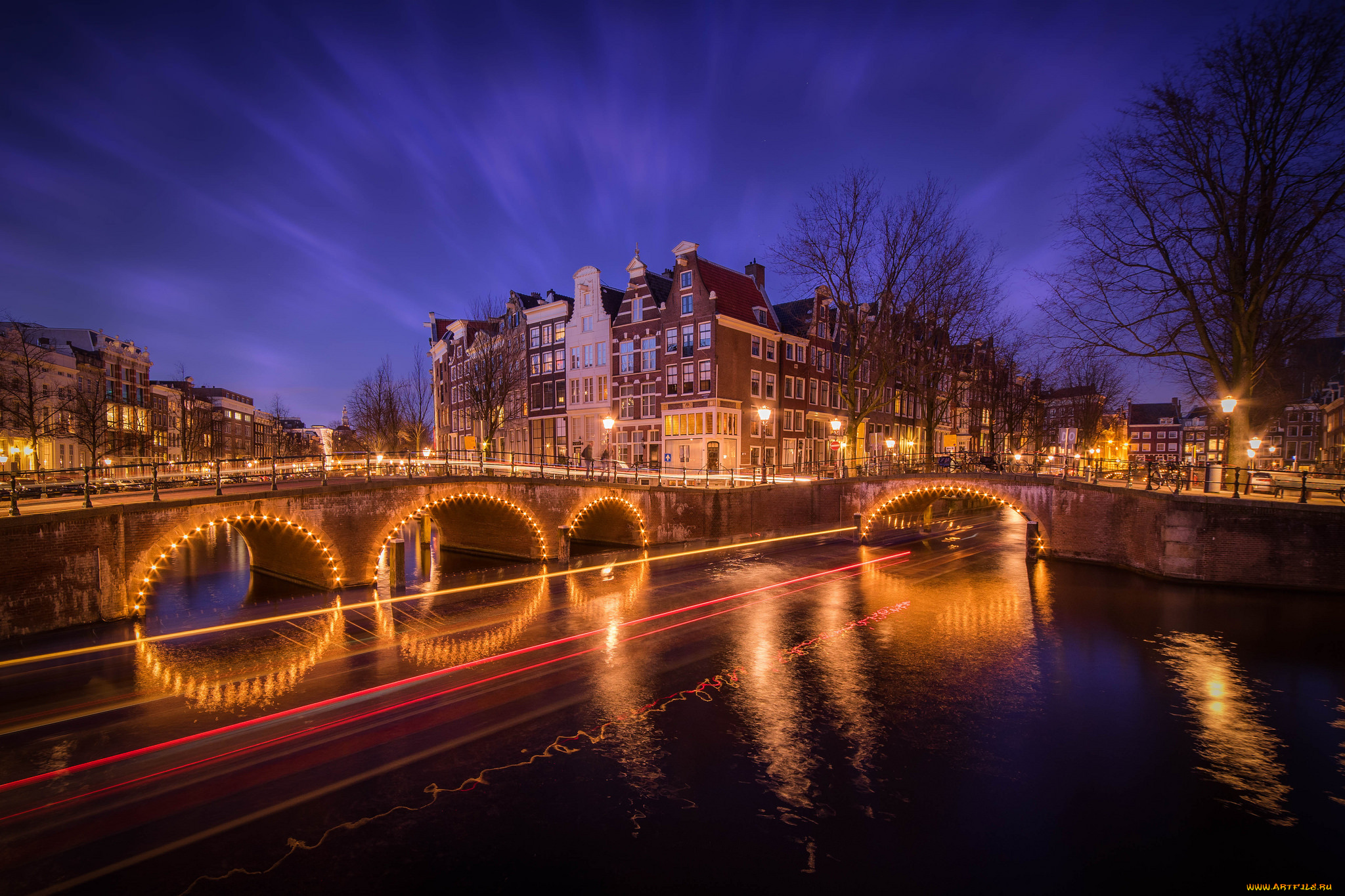 города, -, мосты, нидерланды, амстердам, мост, огни, канал, деревья, дома