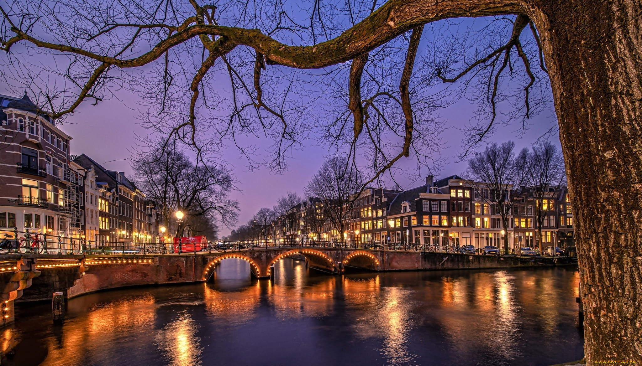 города, амстердам, , нидерланды, канал, мост, вечер, огни