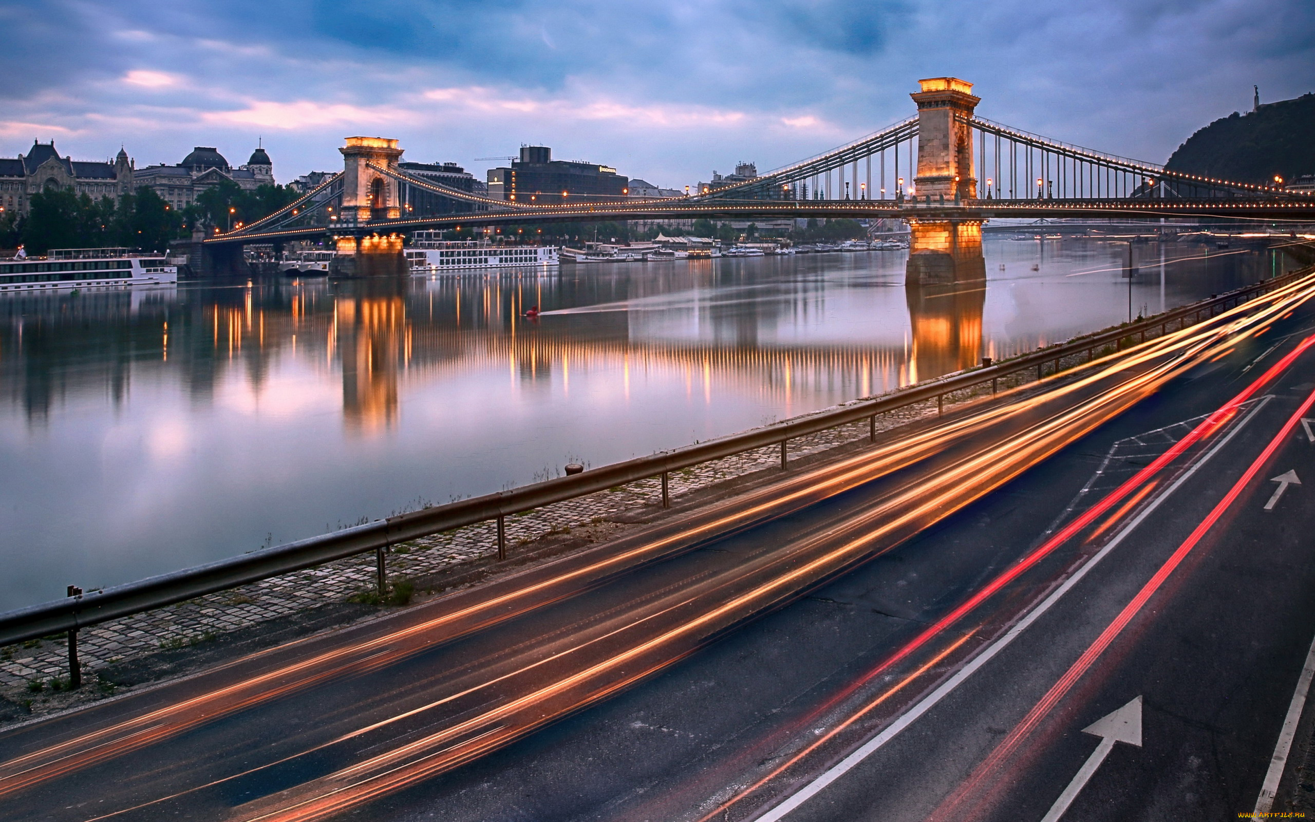 города, будапешт, , венгрия, река, дунай, панорама, мост, вечер, огни