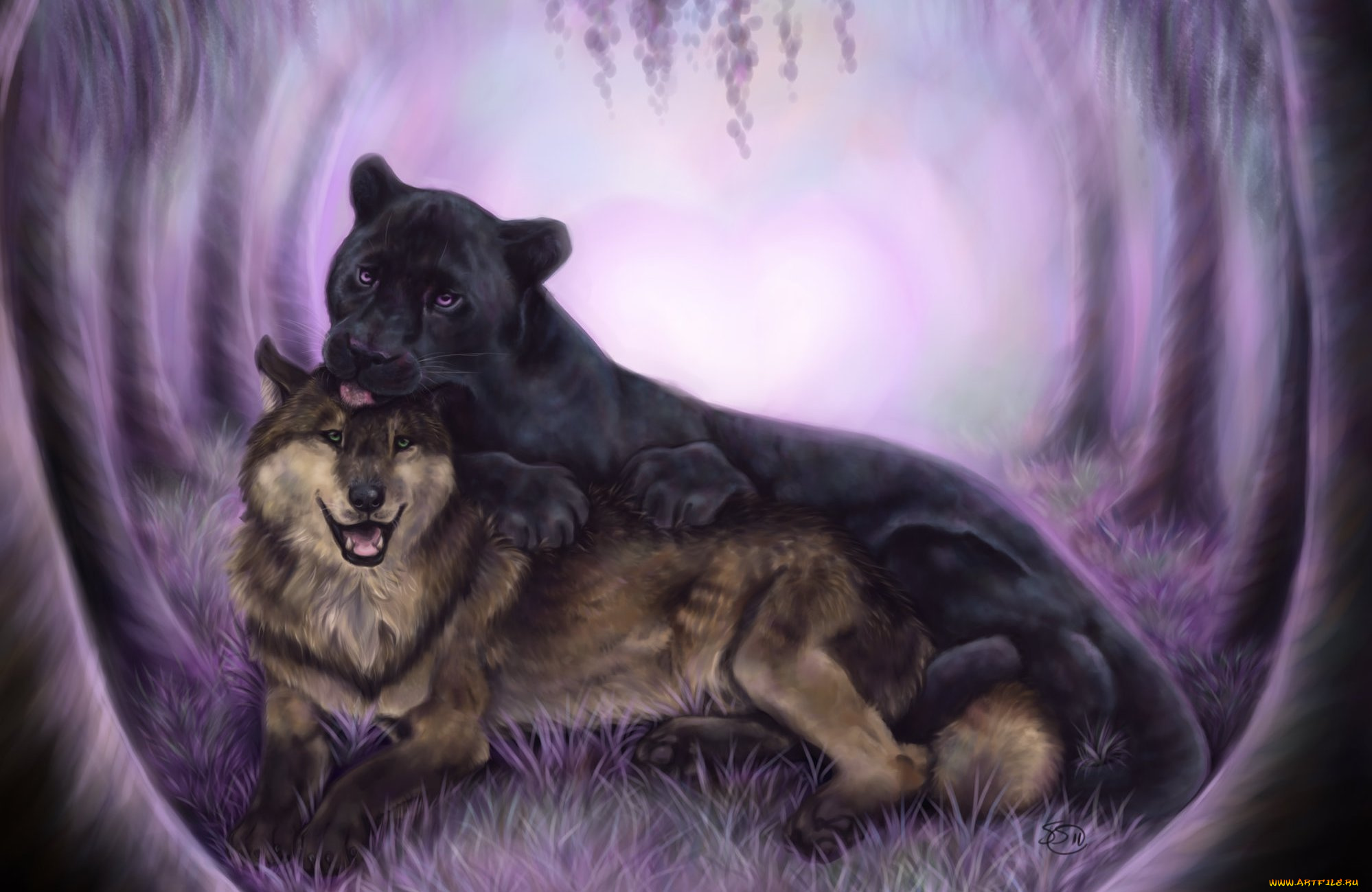 рисованные, животные, волк, пантера, черная, хищники, дружба