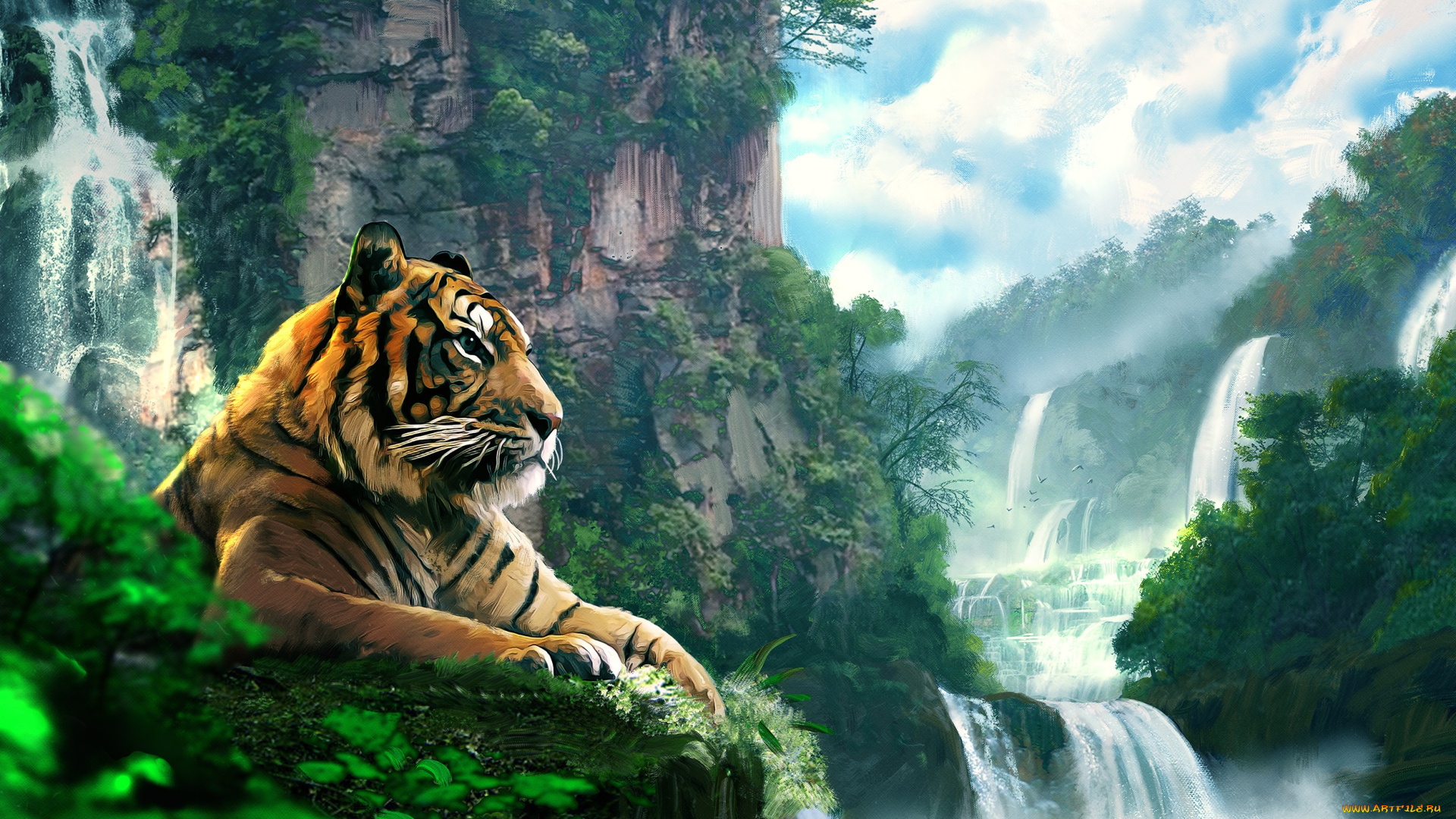 рисованное, животные, , тигры, пейзаж, тигр