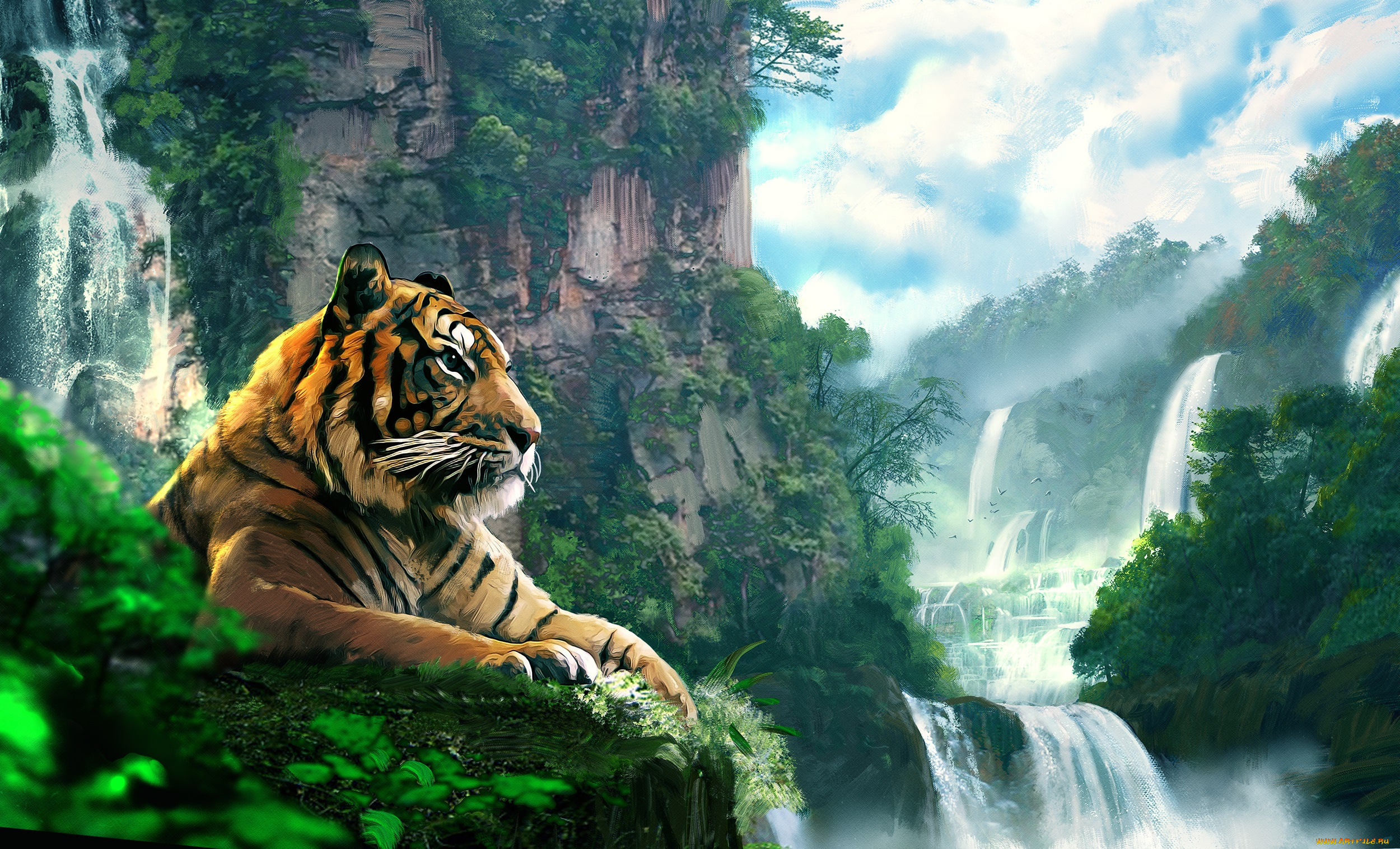 рисованное, животные, , тигры, пейзаж, тигр