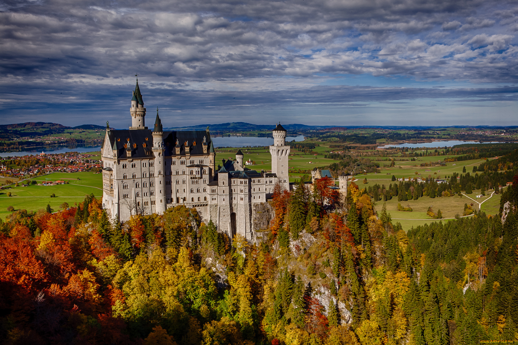 neuschwanstein, castle, bavaria, germany, города, замок, нойшванштайн, германия, лес, скала, осень, бавария