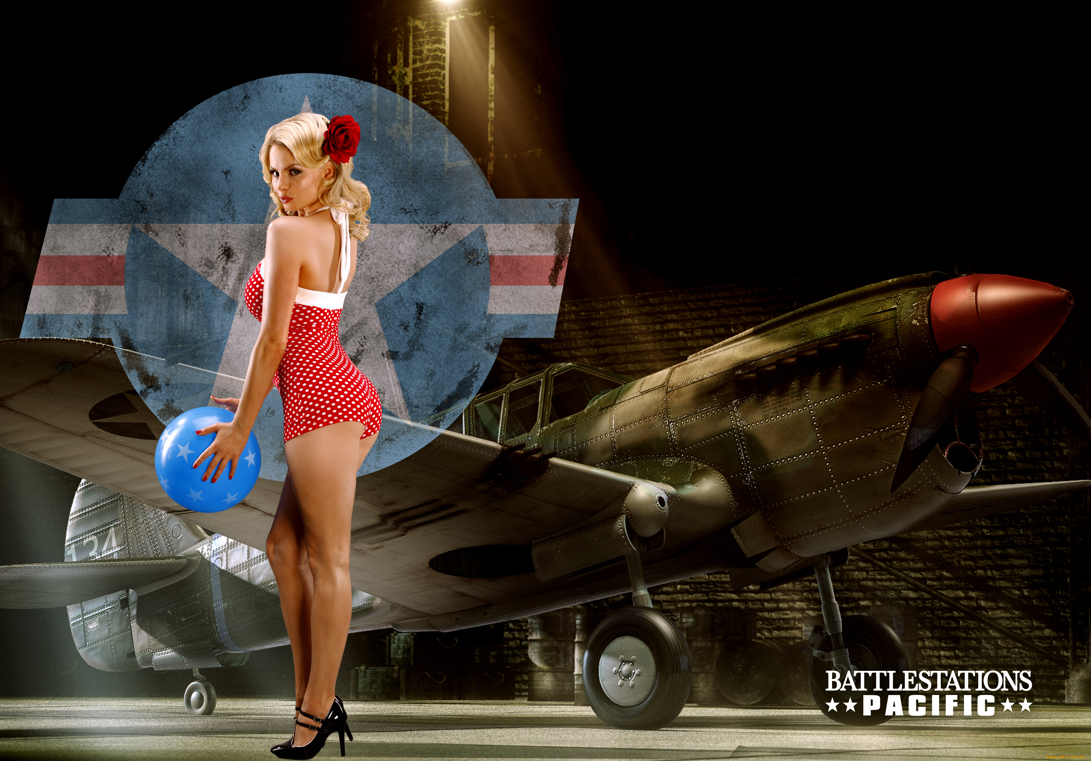 видео, игры, battlestations, , pacific, woman, airplane, lingerie, red, pin-up, blonde