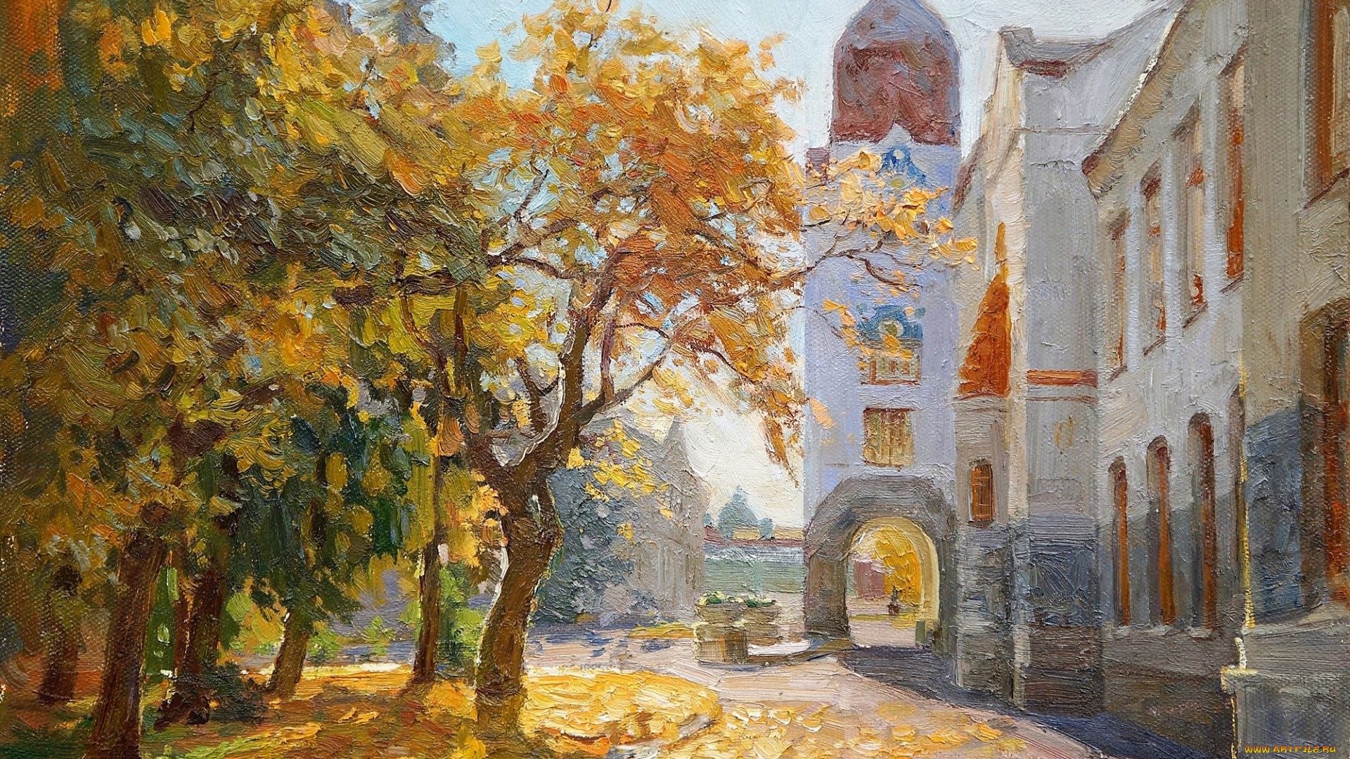 рисованное, живопись, здание, арка, деревья, осень