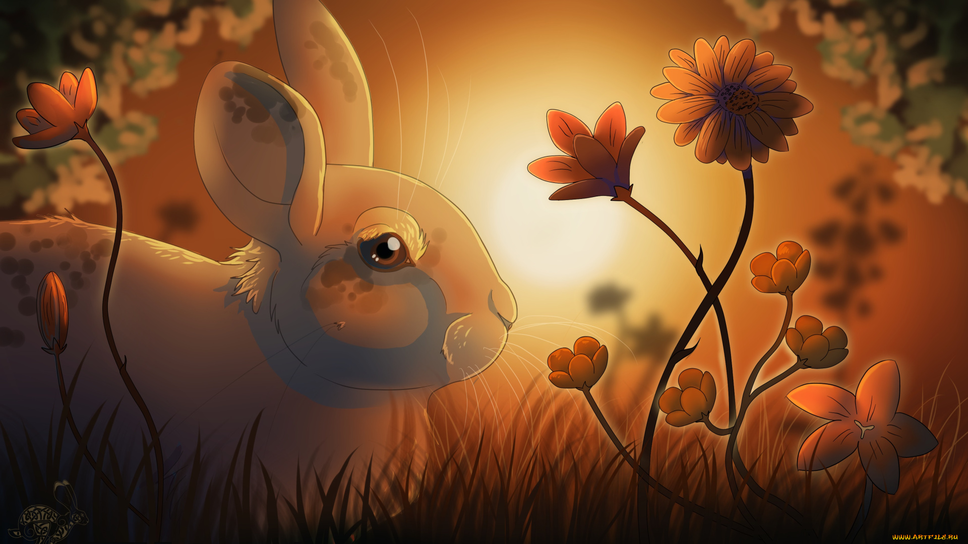 рисованные, животные, зайцы, кролики, цветы, заяц, осень