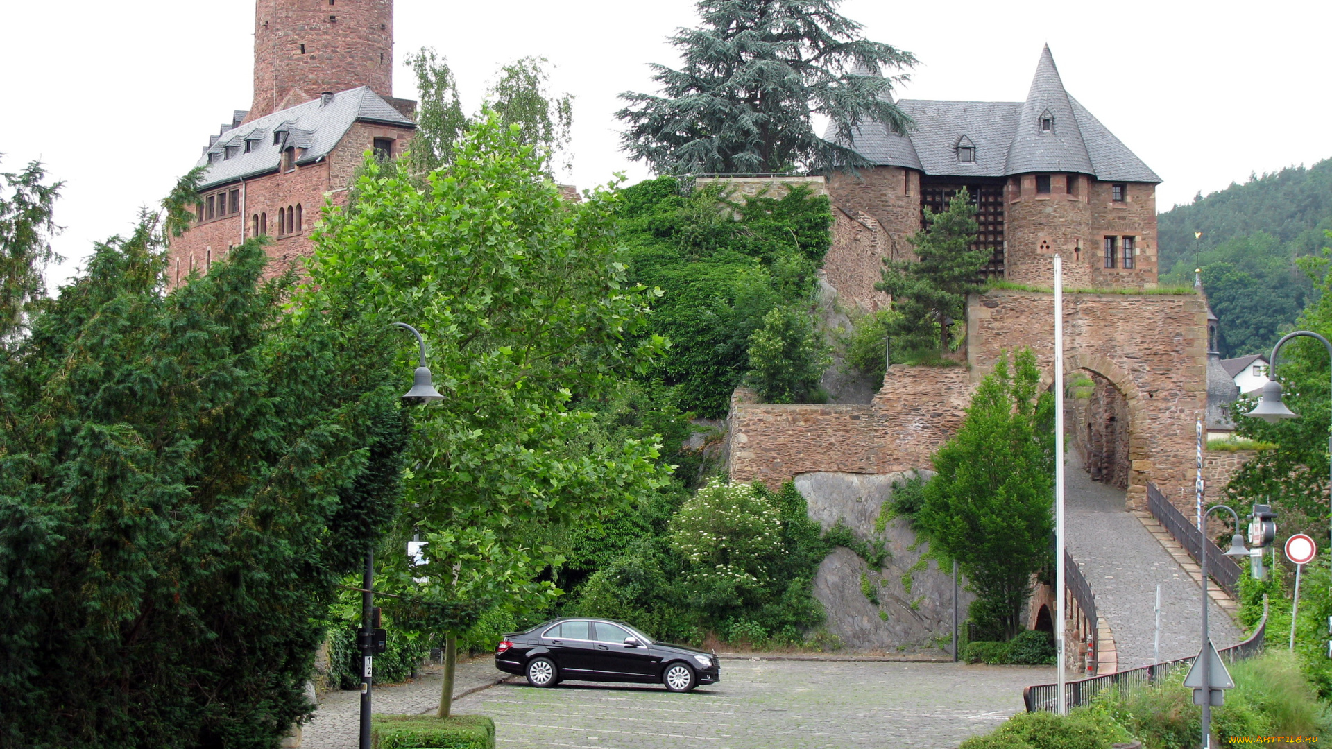 castle, hengebach, germany, города, дворцы, замки, крепости, замок, мост, деревья