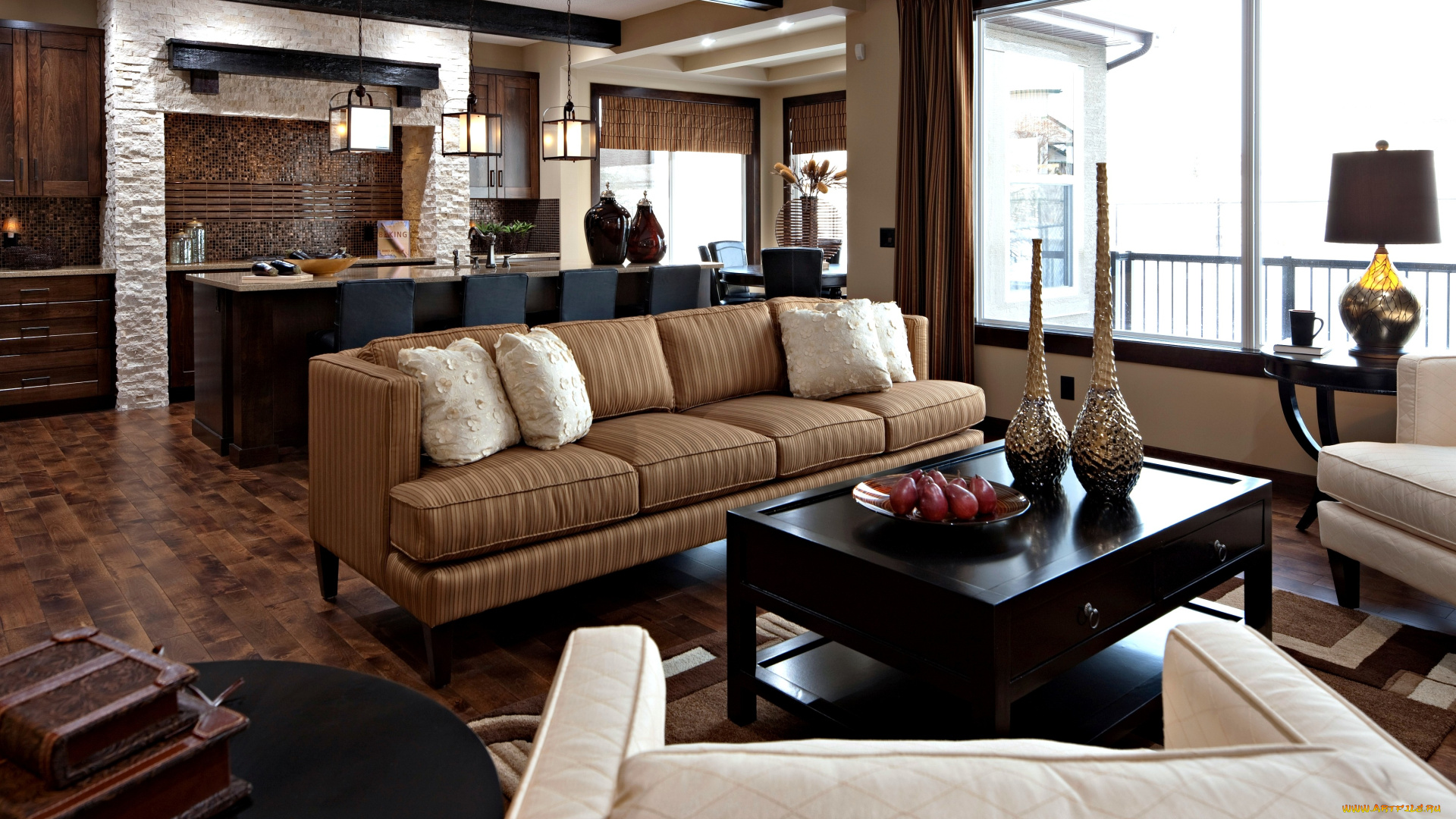 интерьер, гостиная, подушки, столик, кресла, вазы, диваны