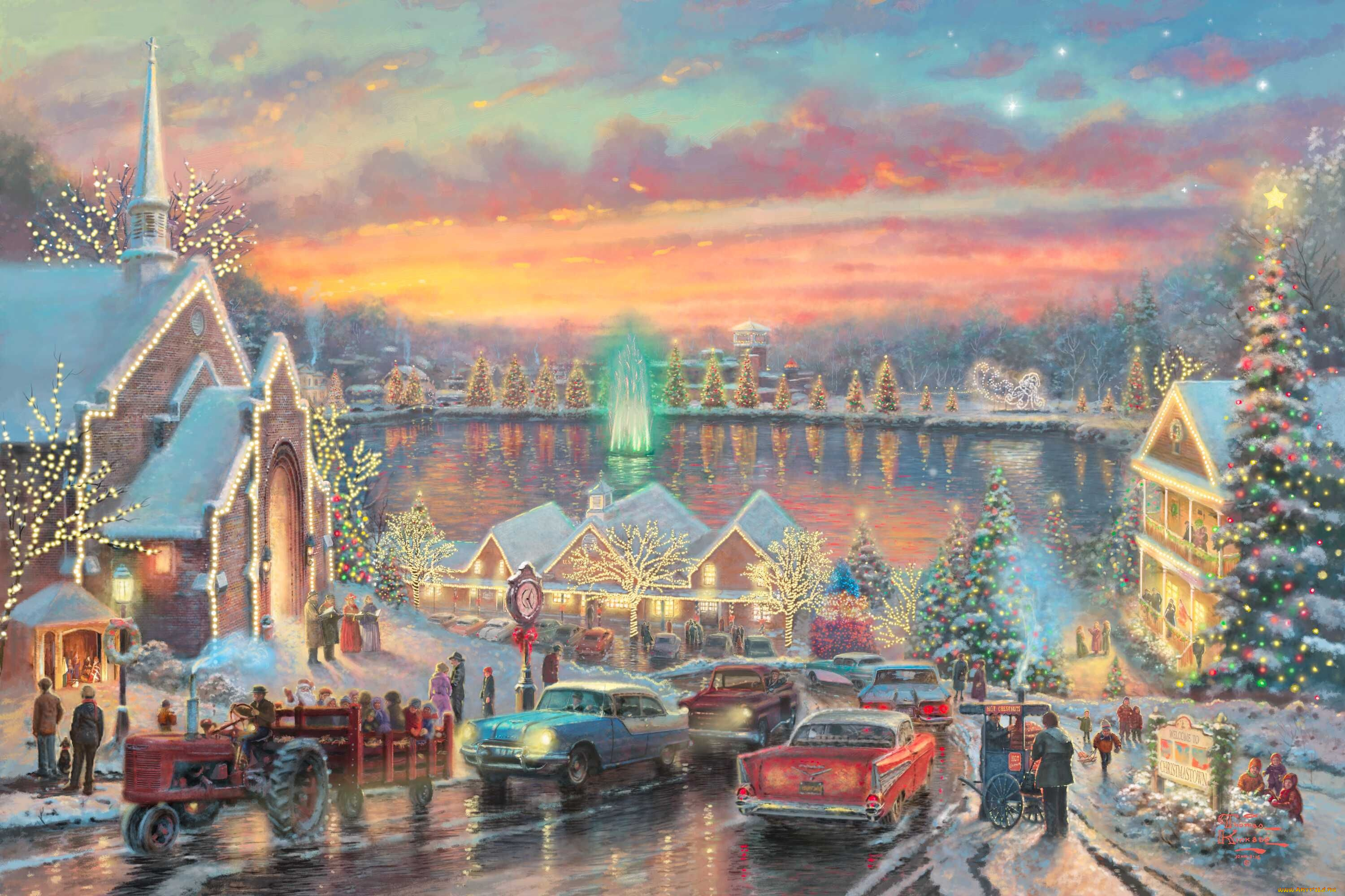 the, lights, of, christmastown, рисованные, thomas, kinkade, люди, рождество, северная, каролина, городок, автомобиль, елка