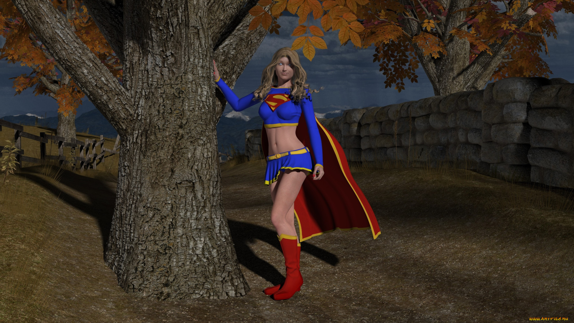 supergirl, 3д, графика, фантазия, , fantasy, дерево, девушка, фон, взгляд, супермен
