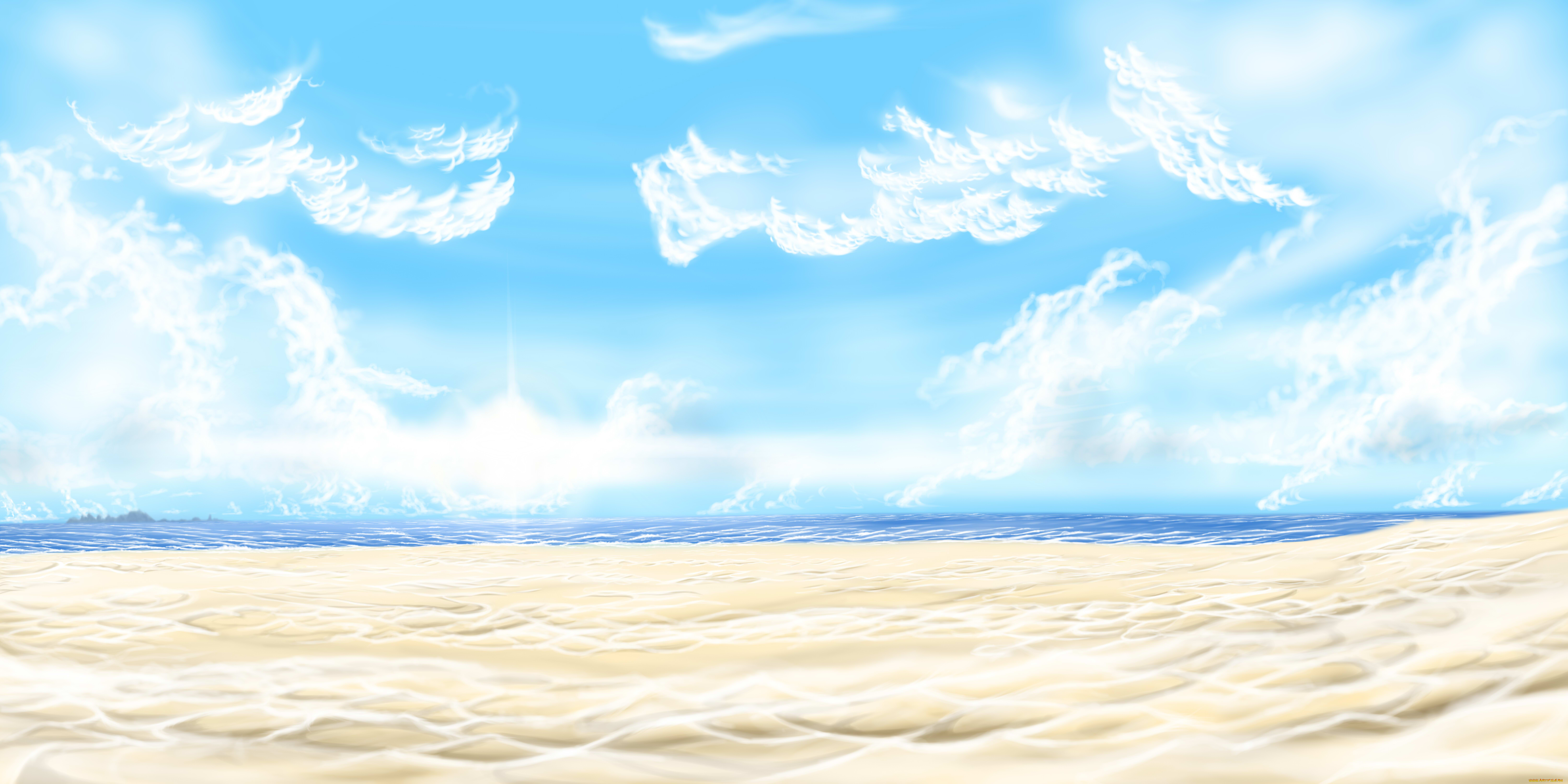 рисованное, природа, песок, море, небо