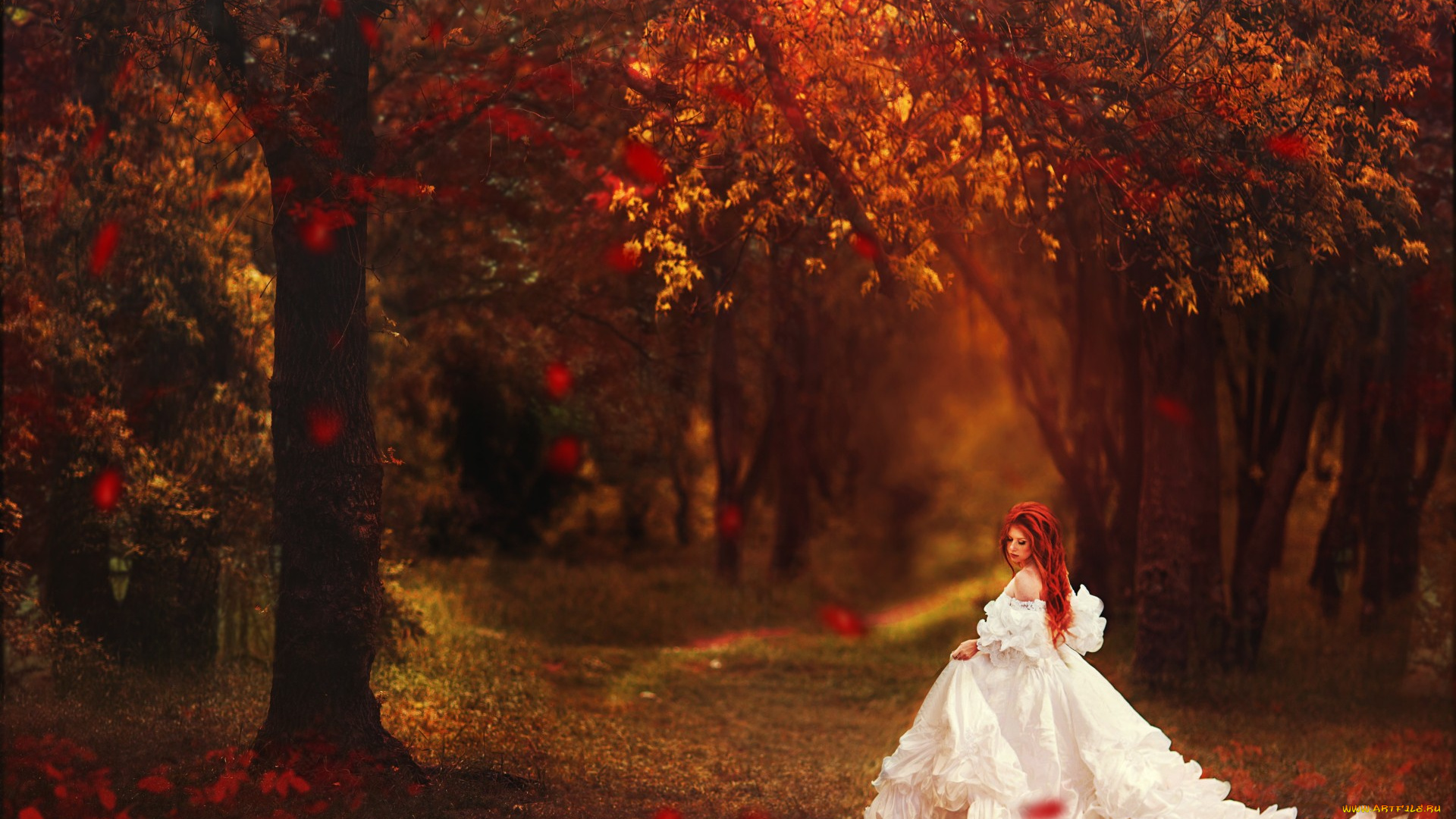 девушки, -unsort, , рыжеволосые, и, другие, осень, время, года, листья, рыжая, платье, деревья, девушка, природа