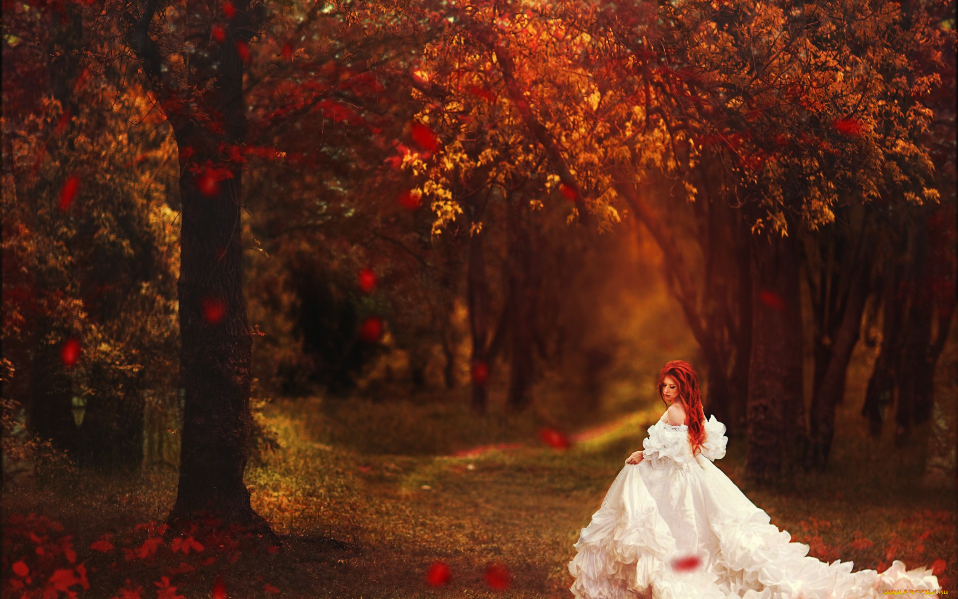 девушки, -unsort, , рыжеволосые, и, другие, осень, время, года, листья, рыжая, платье, деревья, девушка, природа