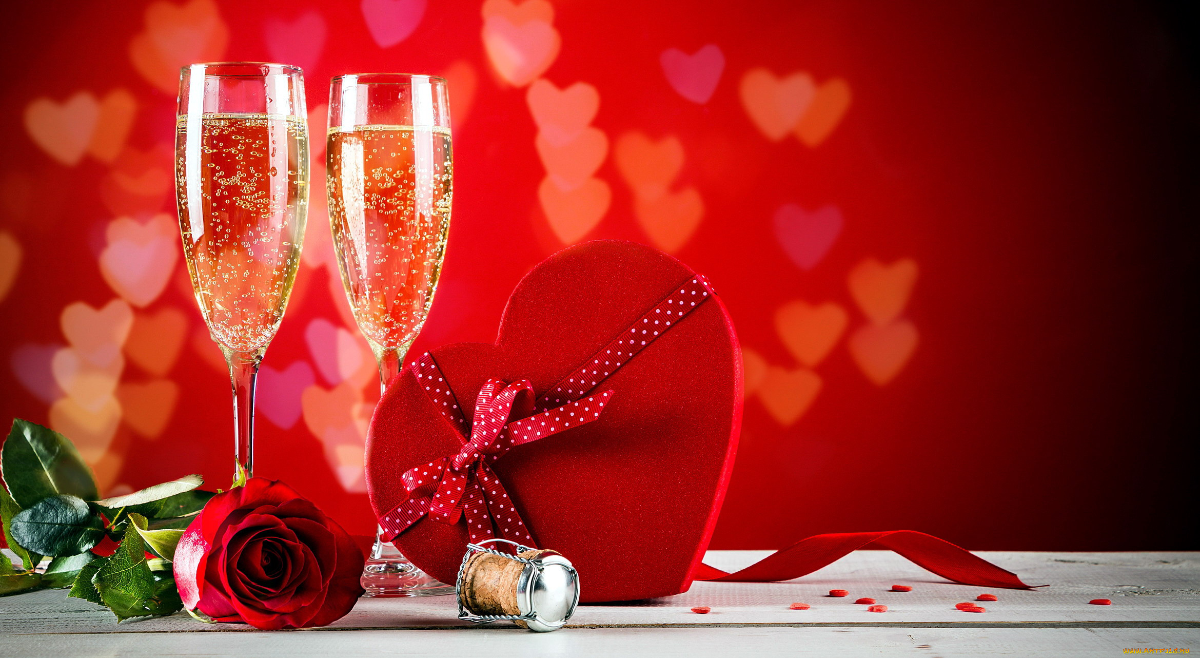 праздничные, день, святого, валентина, , сердечки, , любовь, шампанское, бокалы, роза, сердце