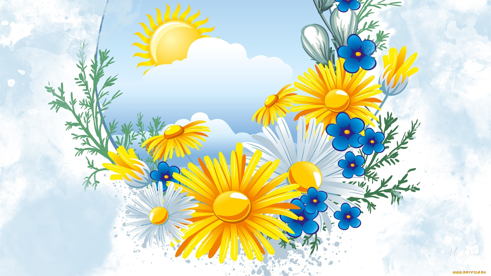 векторная, графика, цветы, , flowers, облака, цветы, солнце