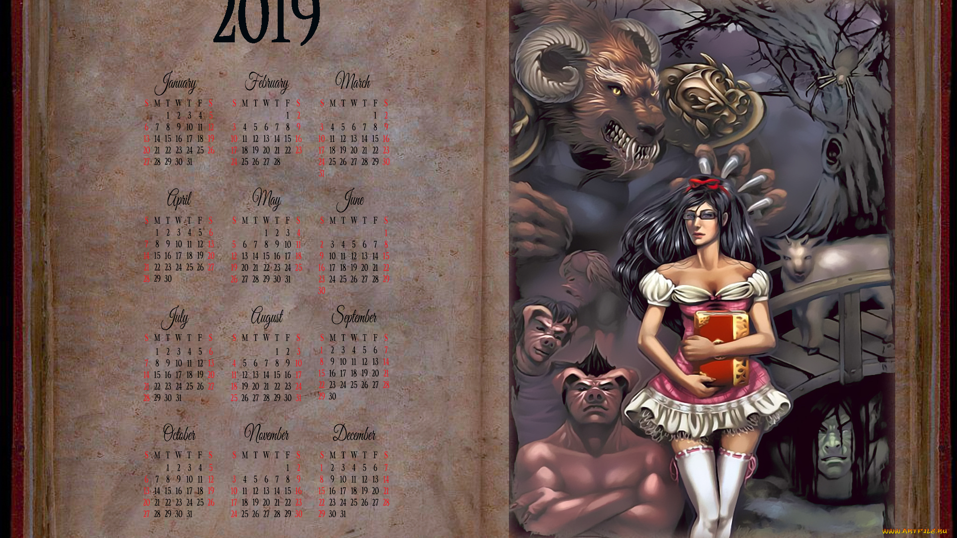 календари, фэнтези, девушка, существо, рога