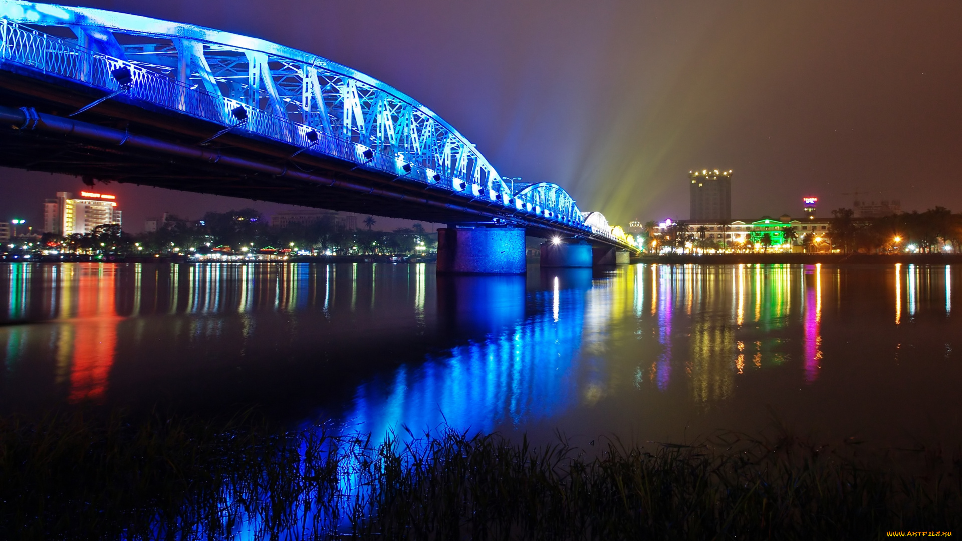 города, мосты, река, ночь, вьетнам