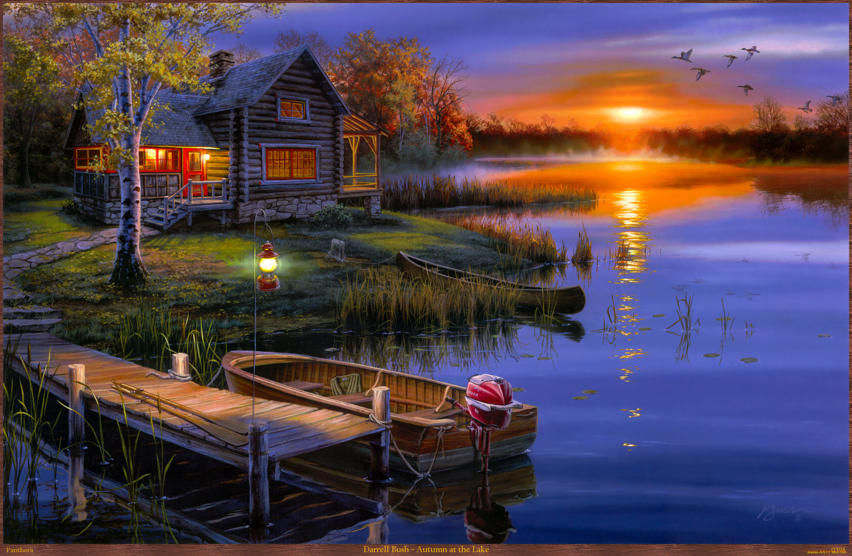 darrell, bush, autumn, at, the, lake, рисованные, арт, домик, фонарь, утки, лодка, пейзаж, озеро, осень, закат