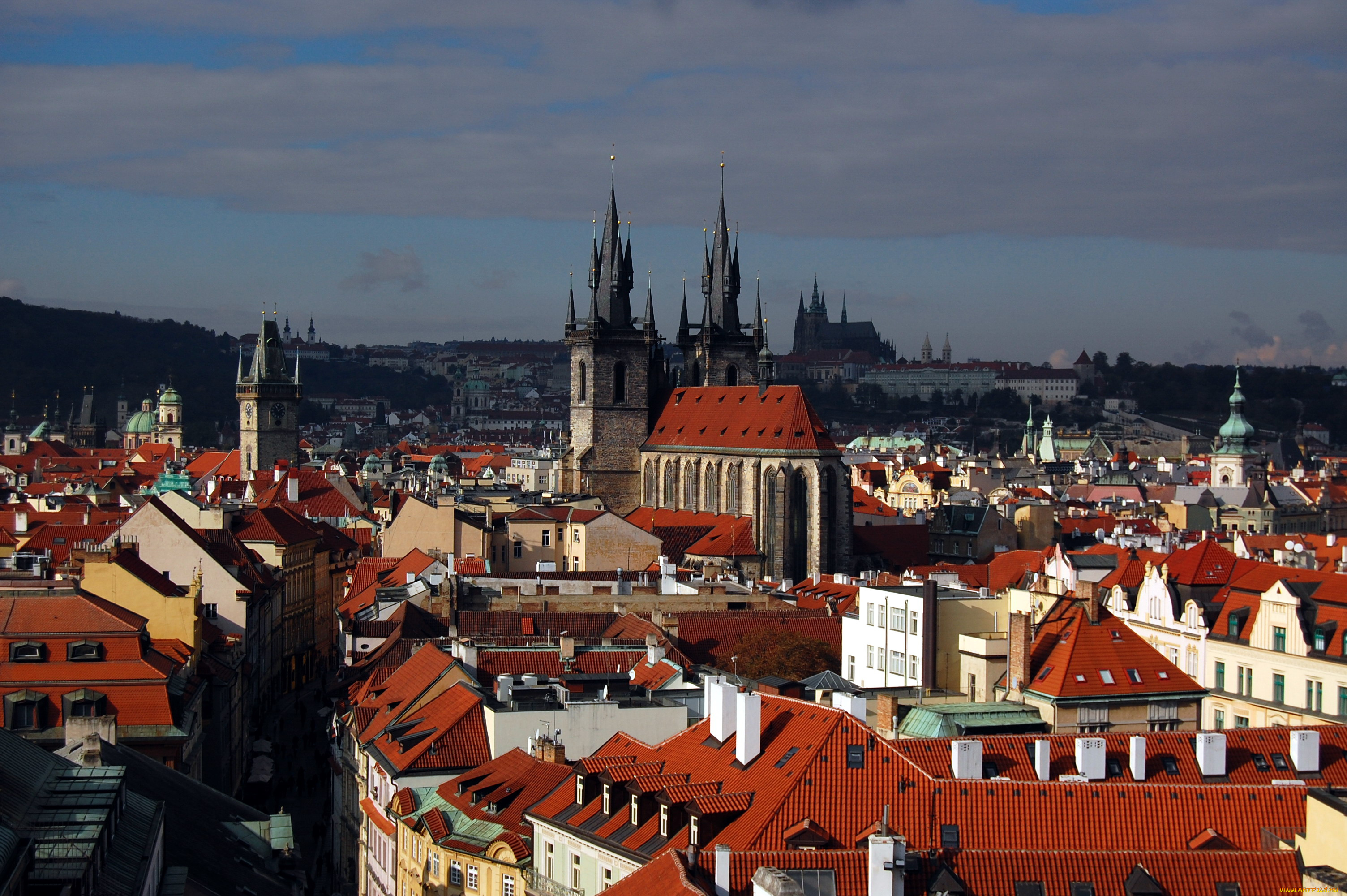 города, прага, , Чехия, крыши, панорама