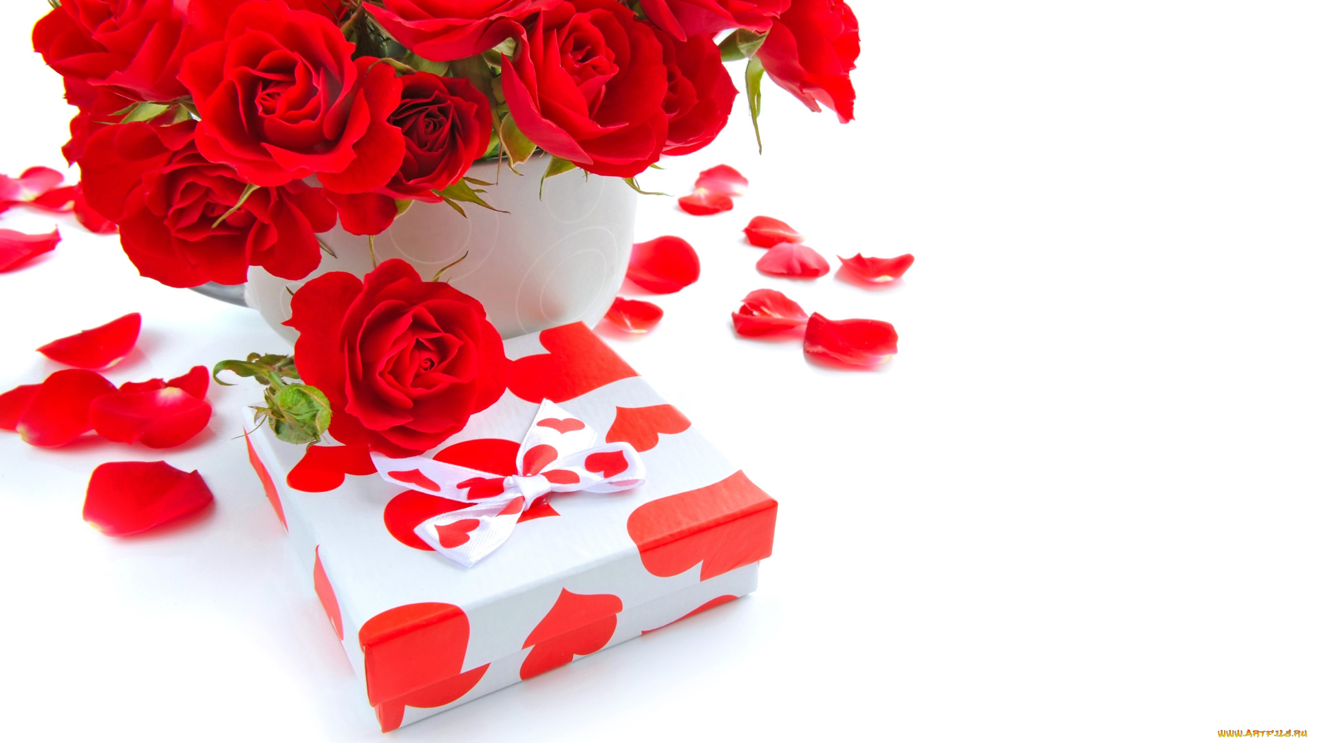 праздничные, день, святого, валентина, , сердечки, , любовь, букет, розы, красные, подарок, коробка